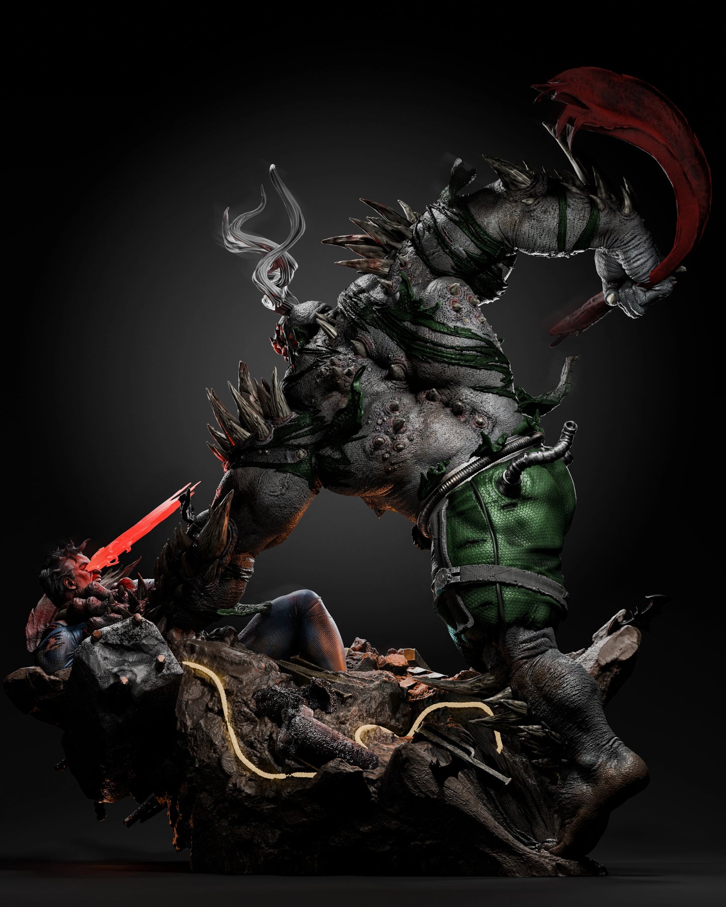 Side view of Doomsday and Superman 3D printed model, showcasing the fierce battle and intricate details, 1:6 scale.