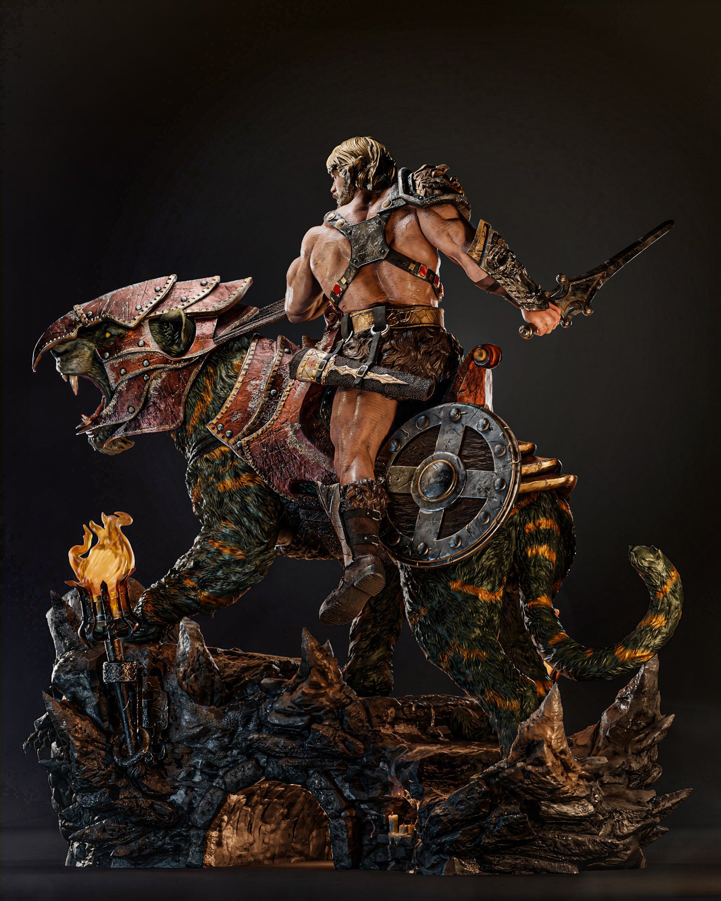 Rear angle view of He-Man and Battle Cat, emphasizing the detailed textures of their armor and the dynamic motion captured in the sculpture.