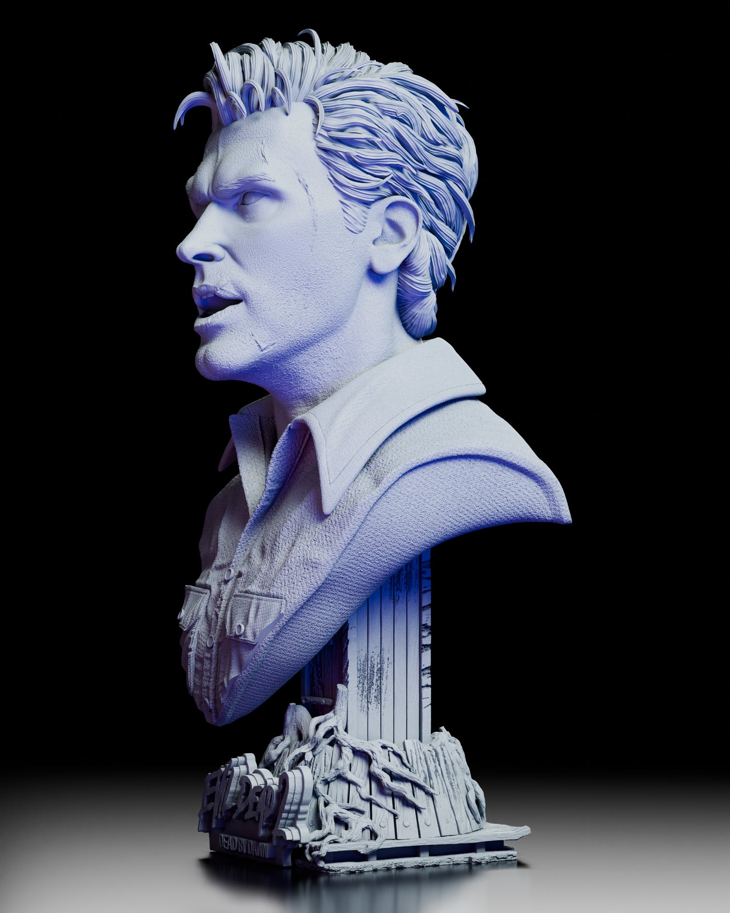 Left profile of the Ash Evil Dead 2 resin bust revealing lifelike texture, sculpted hair, and detailed shirt folds