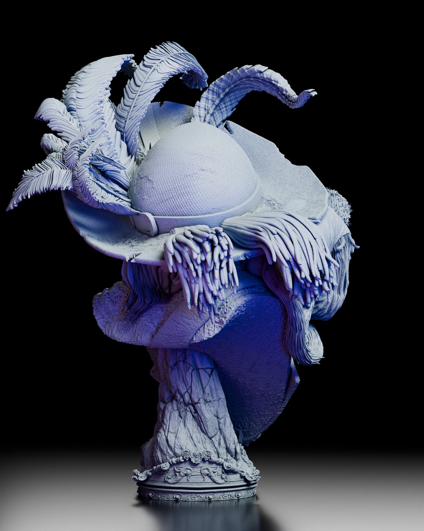 Rear view of Captain Hector Barbosa Bust Kit showing sculpted hair, tattered feathers, and textured pirate coat