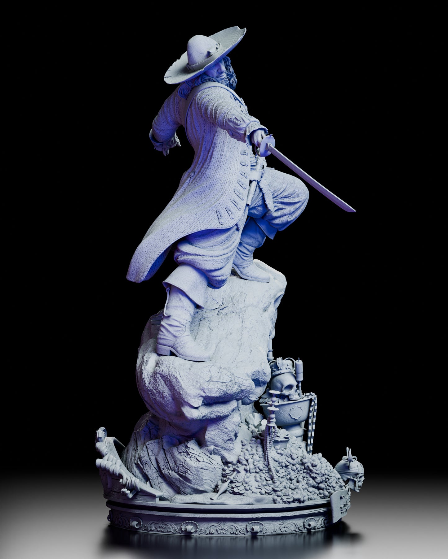Right side view of the Captain Barbosa model showcasing sculpted base details, treasure elements, and balanced stance