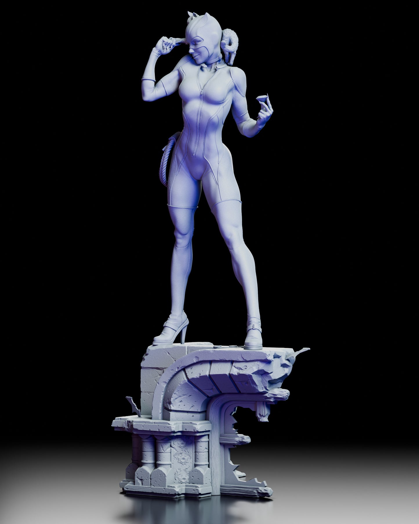 Left side angle of the Catwoman figure kit by ZEZ Studios revealing her elegant stance and coiled whip