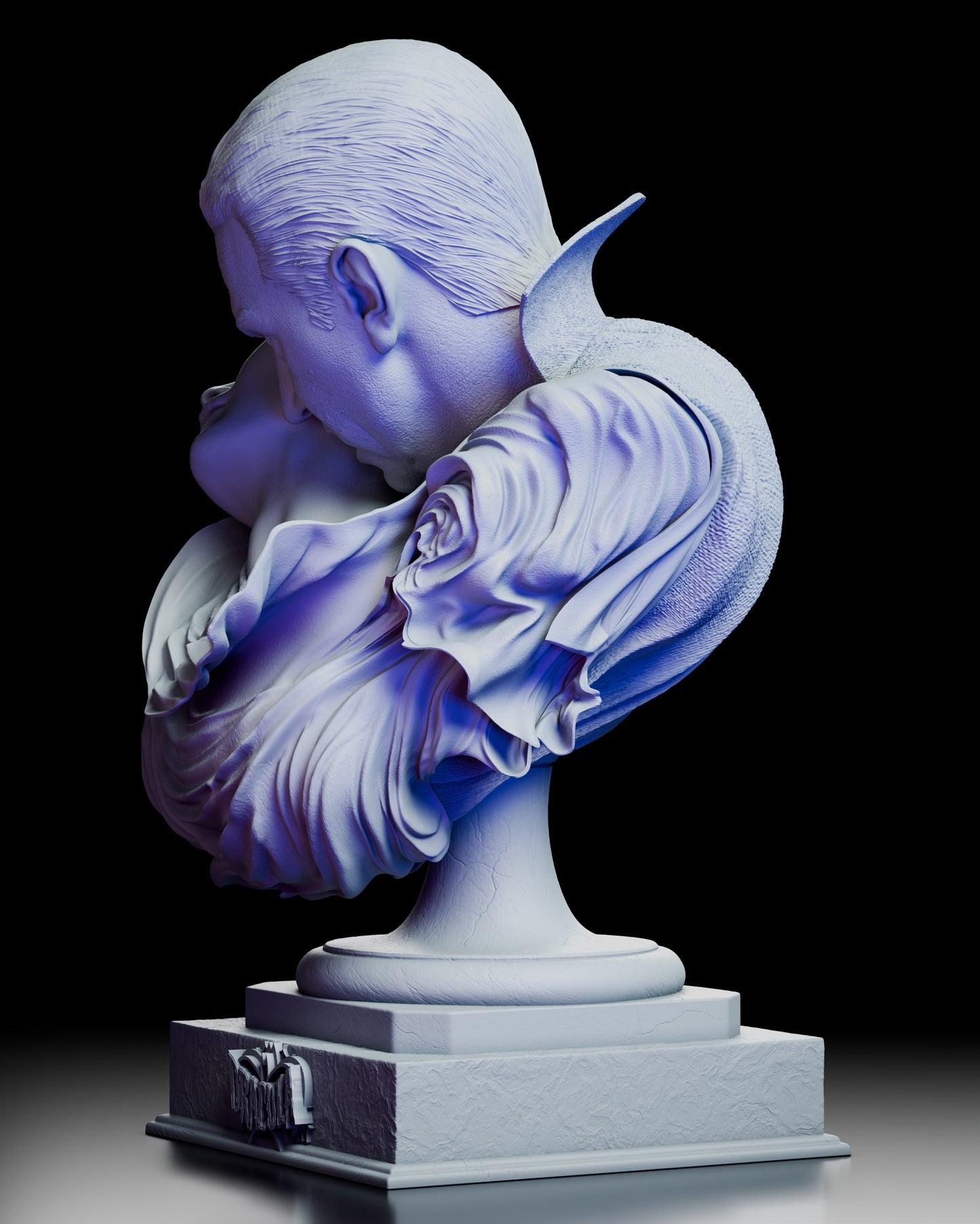 Left side view of Dracula and Mina resin bust highlighting dramatic fabric movement and pedestal base