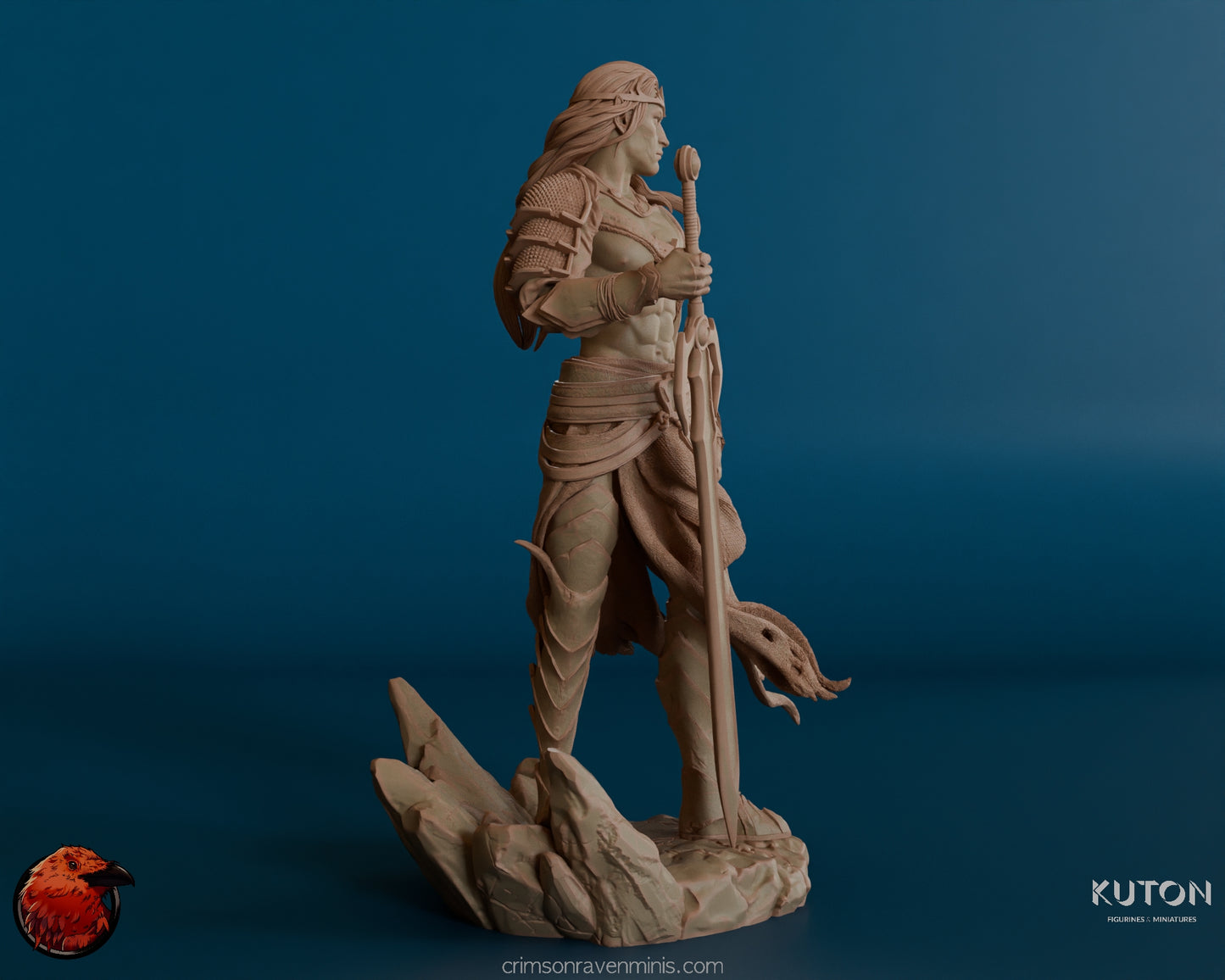 A close-up side angle of the Elf warrior figure, showcasing the facial expression, muscular torso, and finely detailed armor. The figure stands with a confident posture, sword resting at his side, and the textured cloak swirling around his legs.