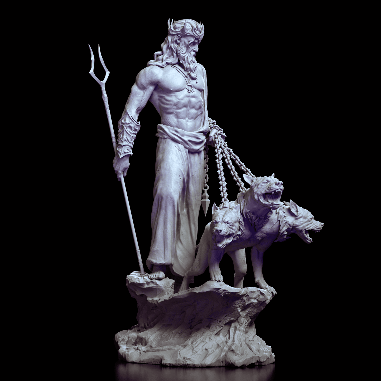 Side view of Hades with dynamic chains leading to the snarling Cerberus.