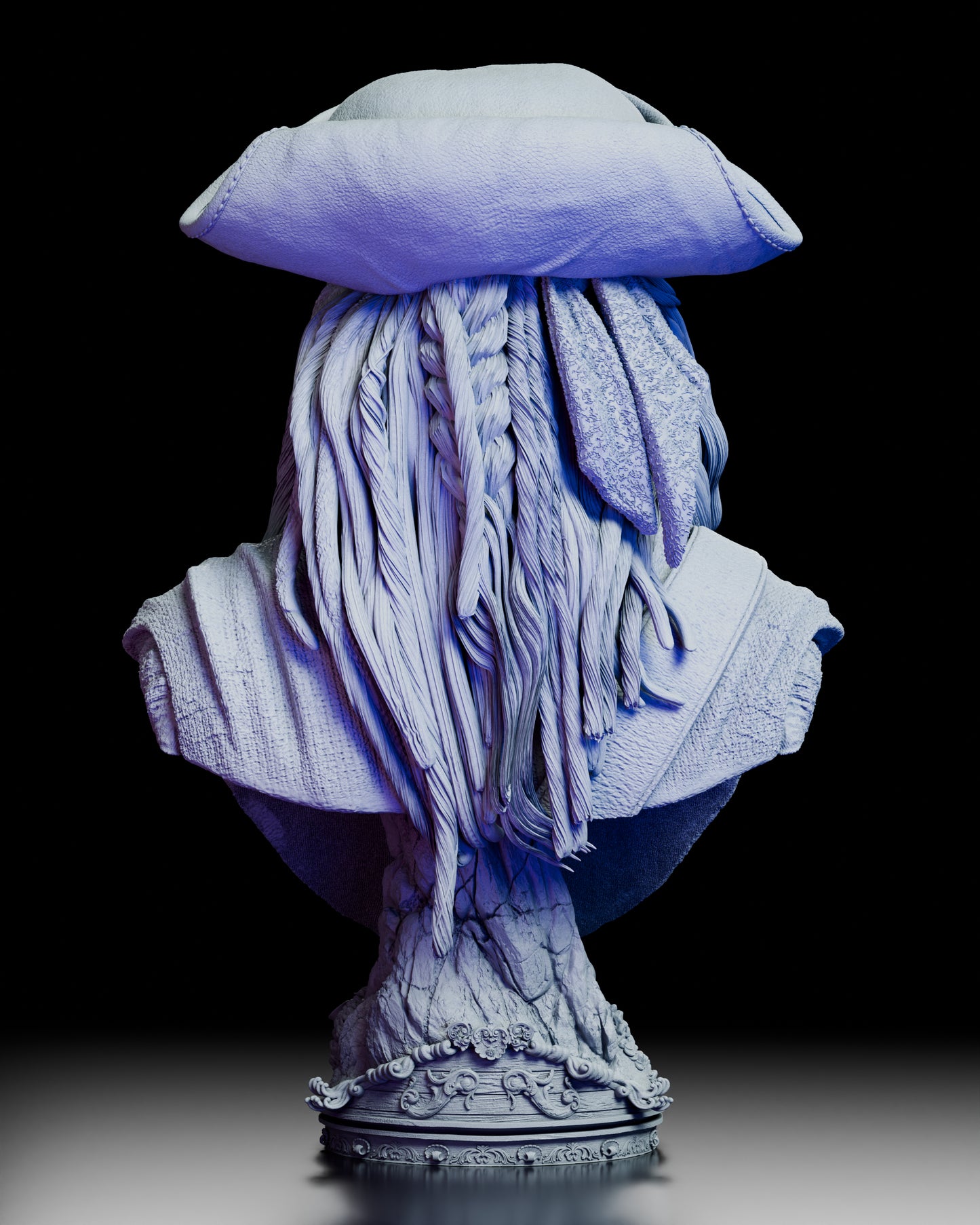 Rear view of the Jack Sparrow bust showcasing layered dreadlocks, braided textures, and fabric detailing on the coat
