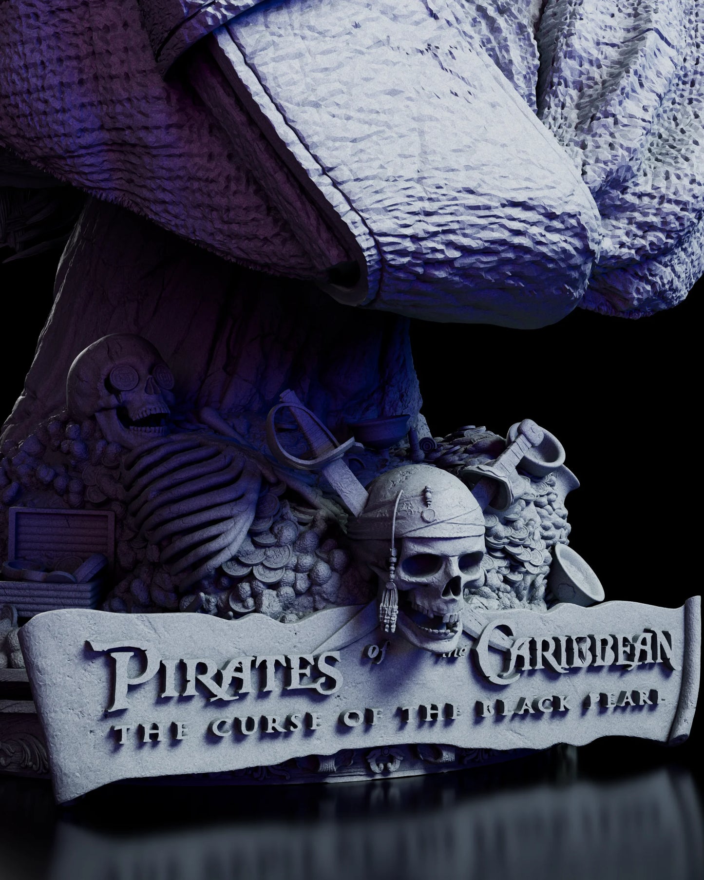 Close-up of the ornate base featuring treasure, skulls, and the Pirates of the Caribbean title plaque