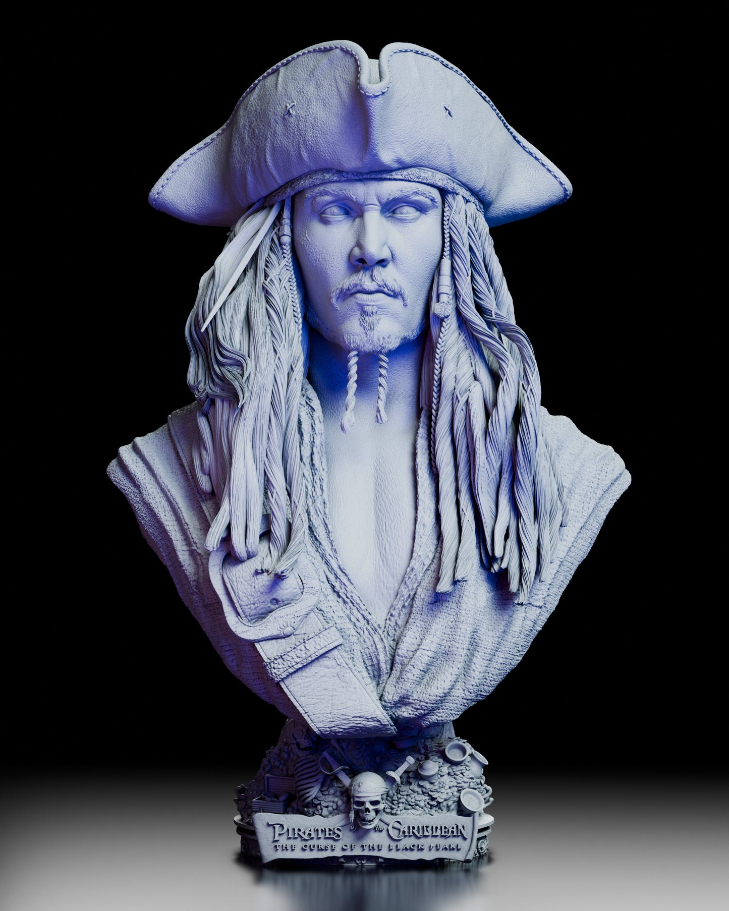 Front view of the Captain Jack Sparrow portrait bust showing lifelike detail and expression inspired by Pirates of the Caribbean