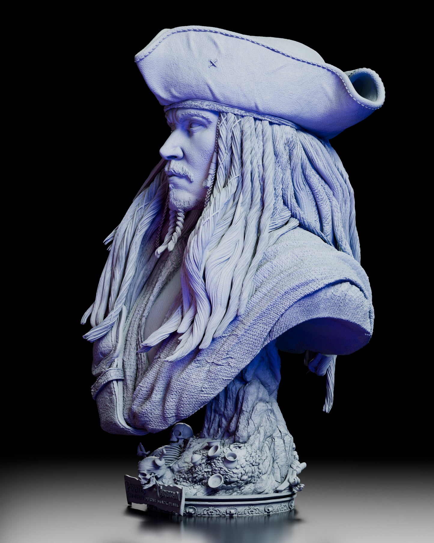 Left side profile of the Jack Sparrow bust highlighting realistic hair texture and costume folds in resin detail