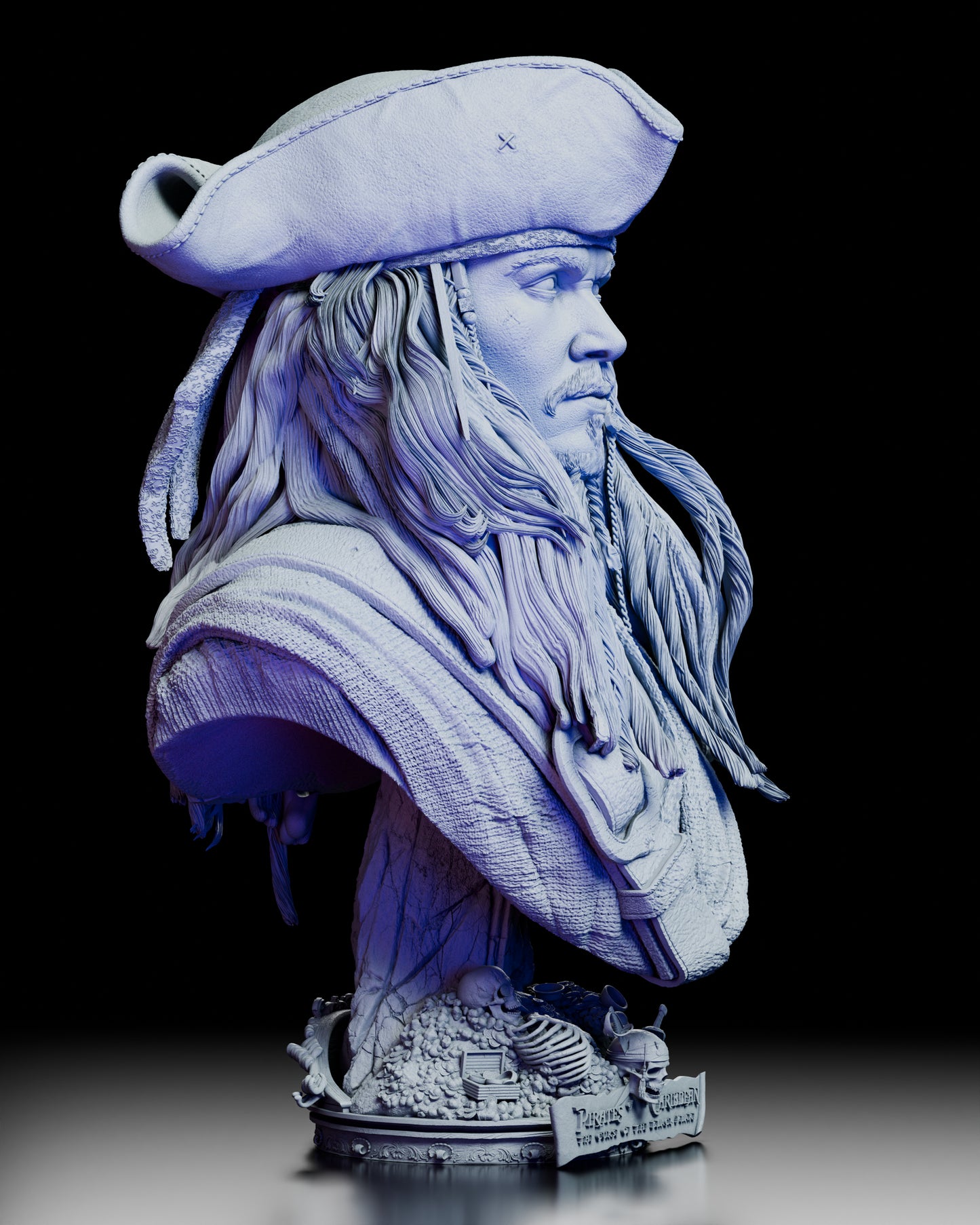 Right side view of the Jack Sparrow portrait bust emphasizing intricate braids, beads, and facial sculpting
