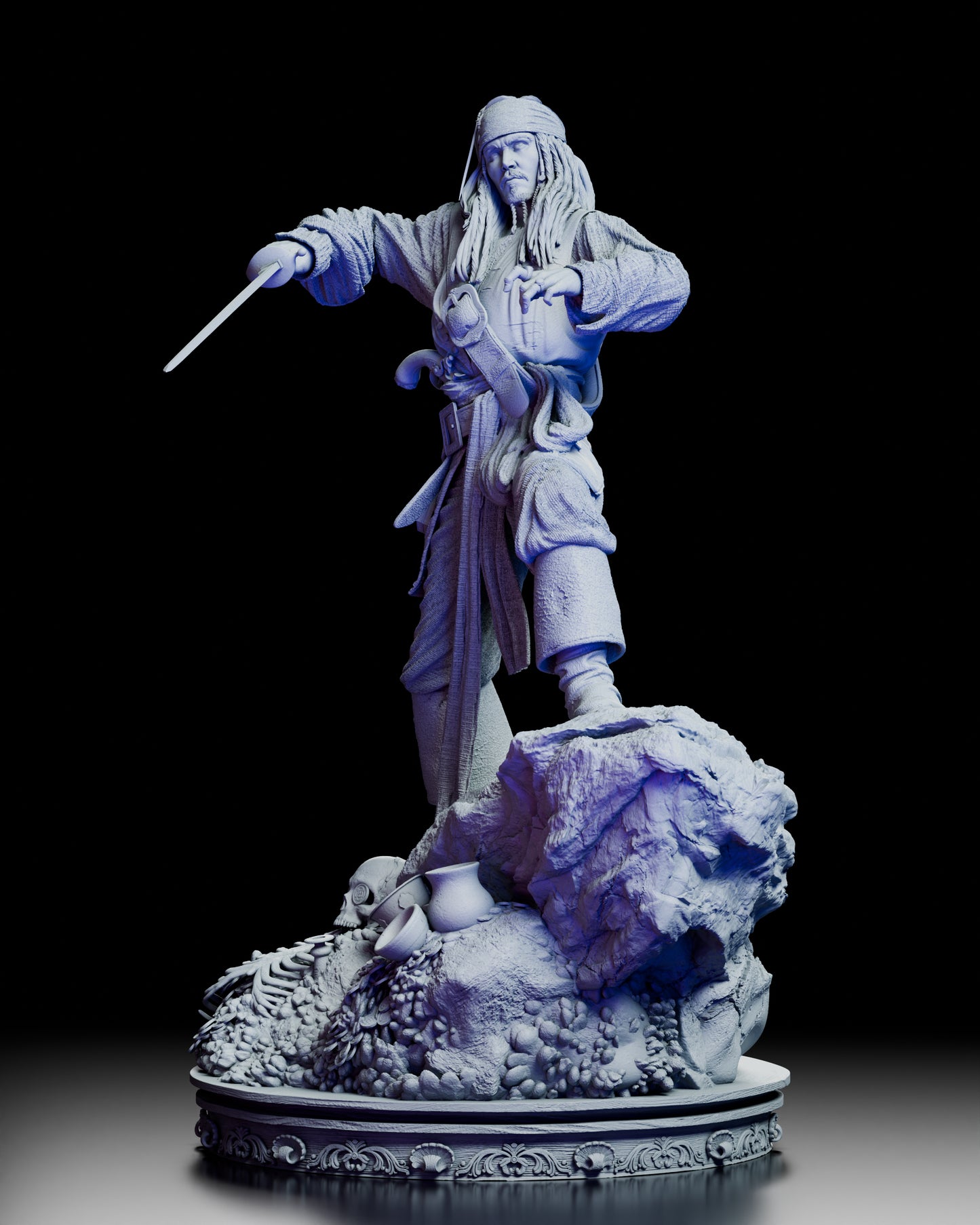Left side view of the Jack Sparrow sculpture emphasizing dynamic posture and layered costume details
