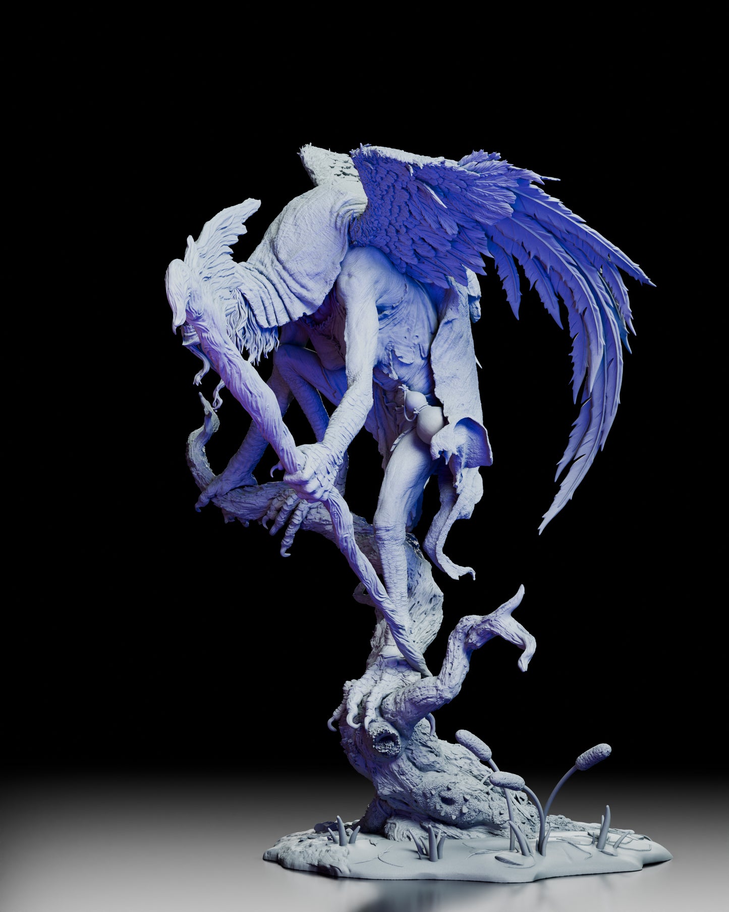 Left side view of Matinta Pereira resin figure highlighting her staff and taloned feet