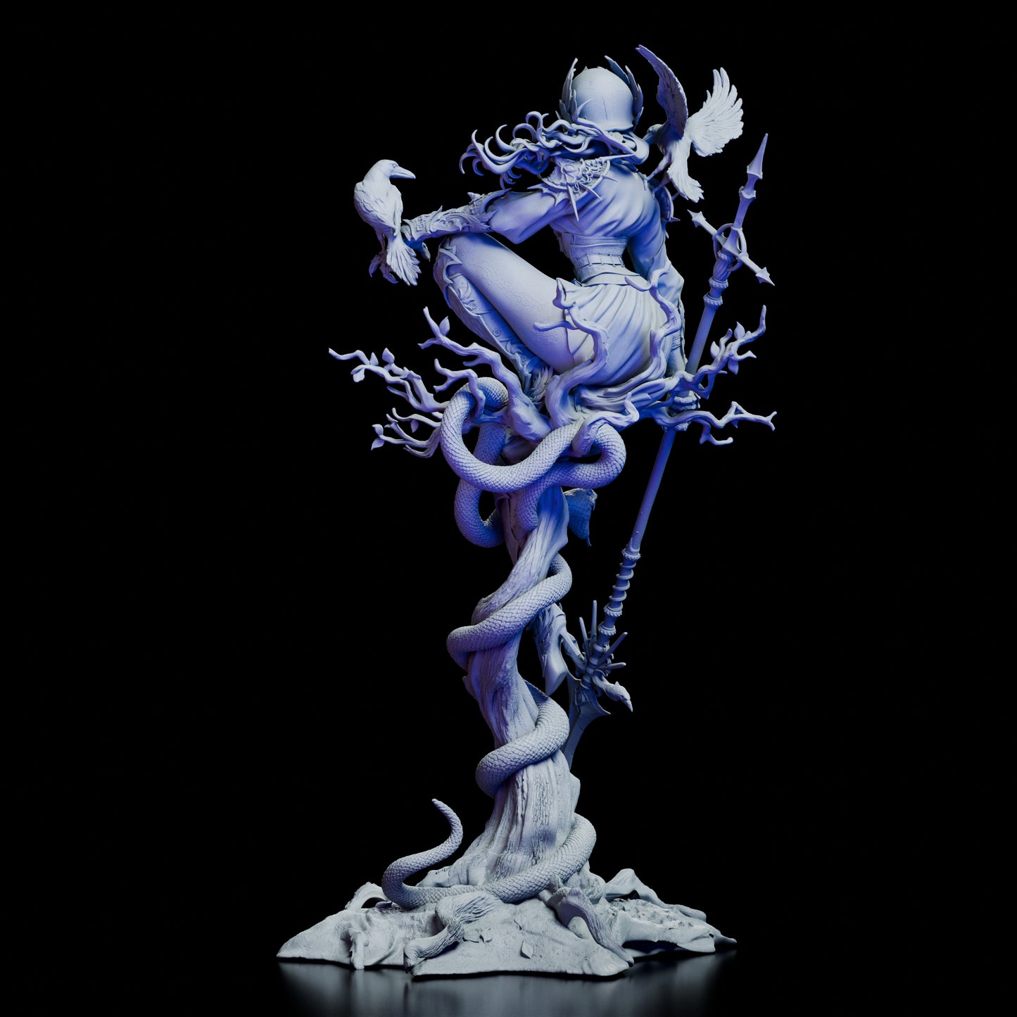 The back of the Queen of Crows resin model kit, showing the flowing hair, detailed armor, and a snake coiling around the tree.