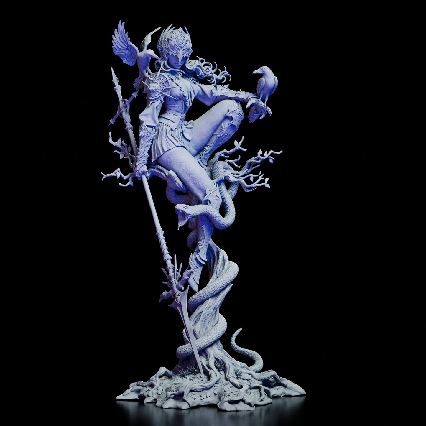 A highly detailed fantasy miniature of a woman sitting on a tree throne, holding a spear and accompanied by two crows.