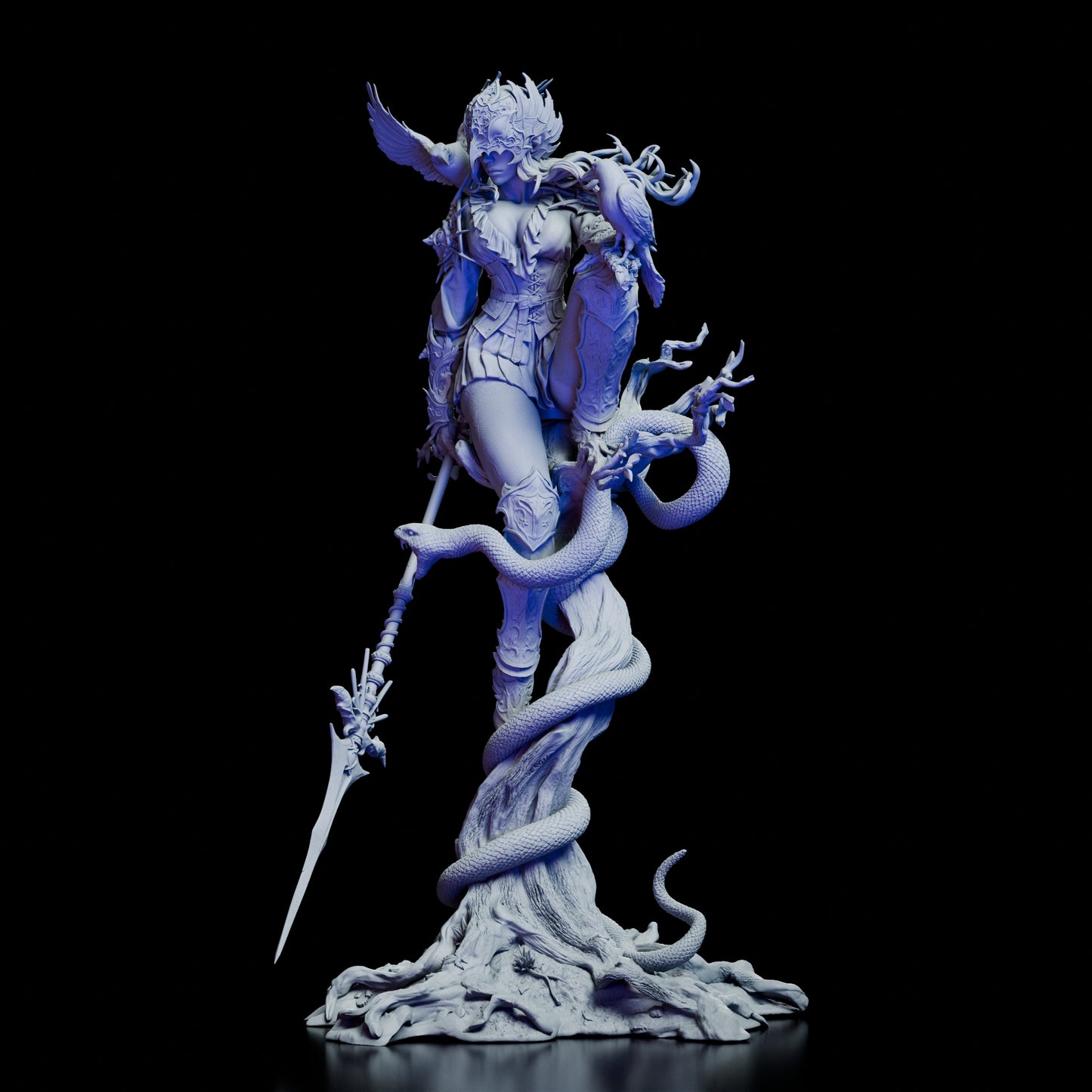 The Queen of Crows figure viewed from the left side, highlighting the intricate design of the snake and tree base.
