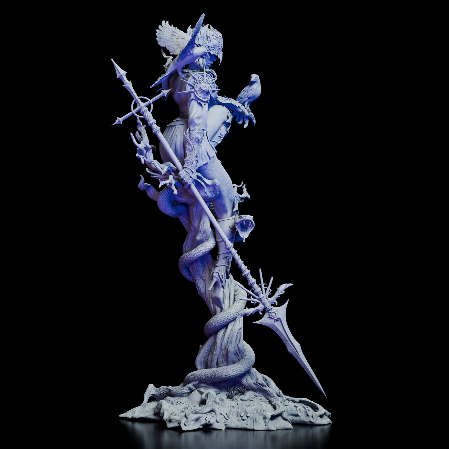 The Queen of Crows miniature viewed from the right side, showing a crow perched on her arm and another in flight.