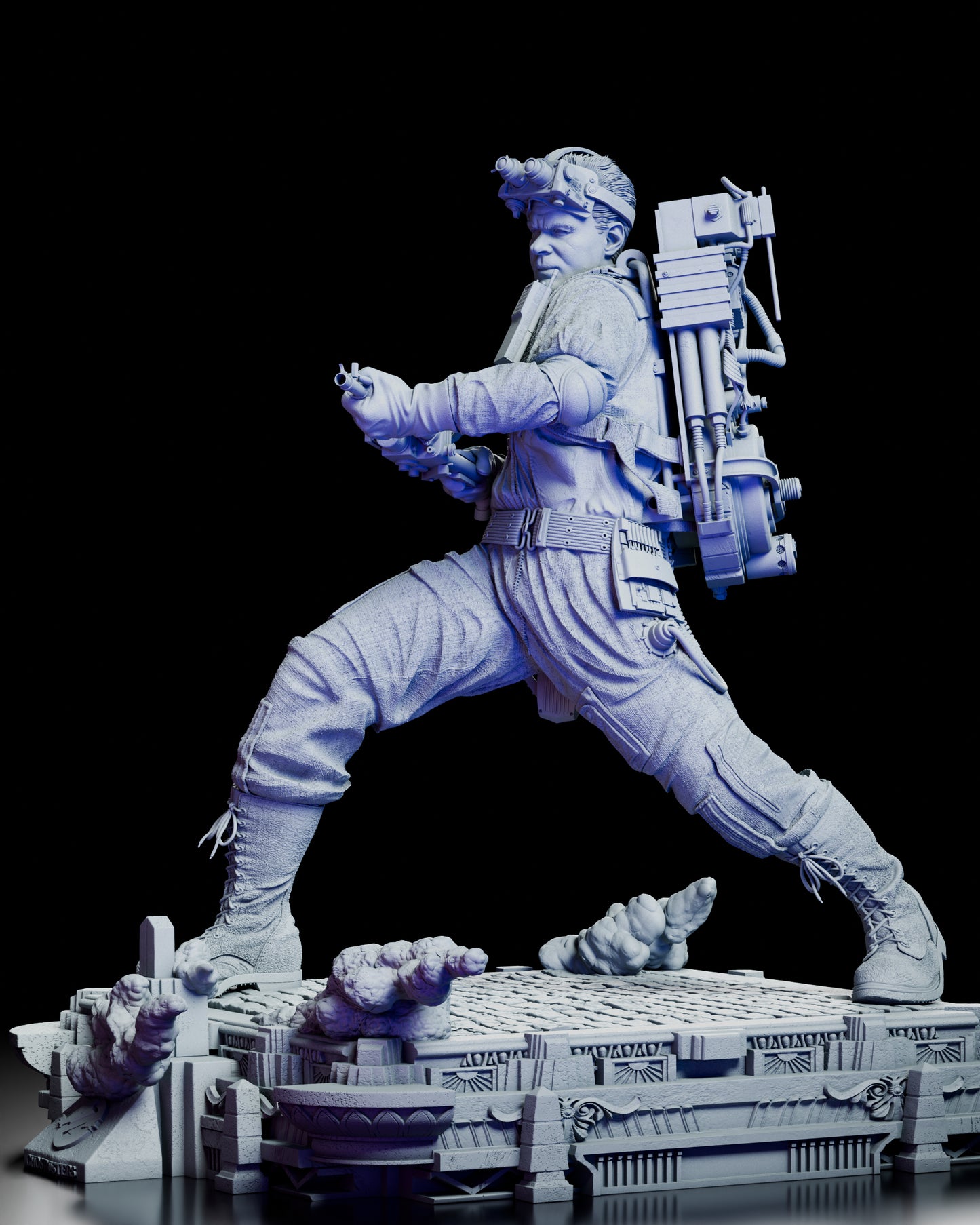 Left side view of Ray Stantz showing uniform folds, proton pack tubing, and ghost-trap base design