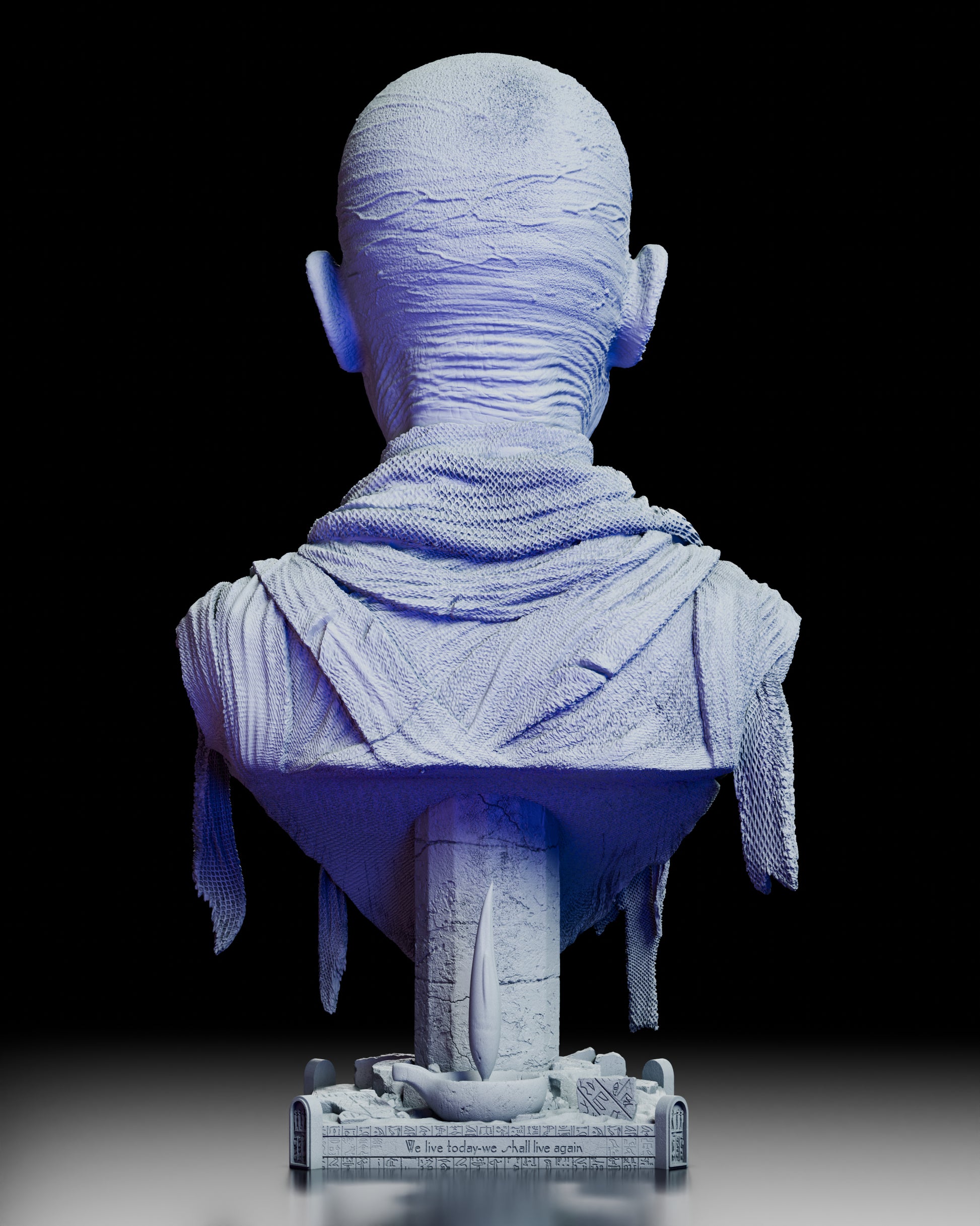Back view of The Mummy portrait bust with textured wrappings and hieroglyphic base