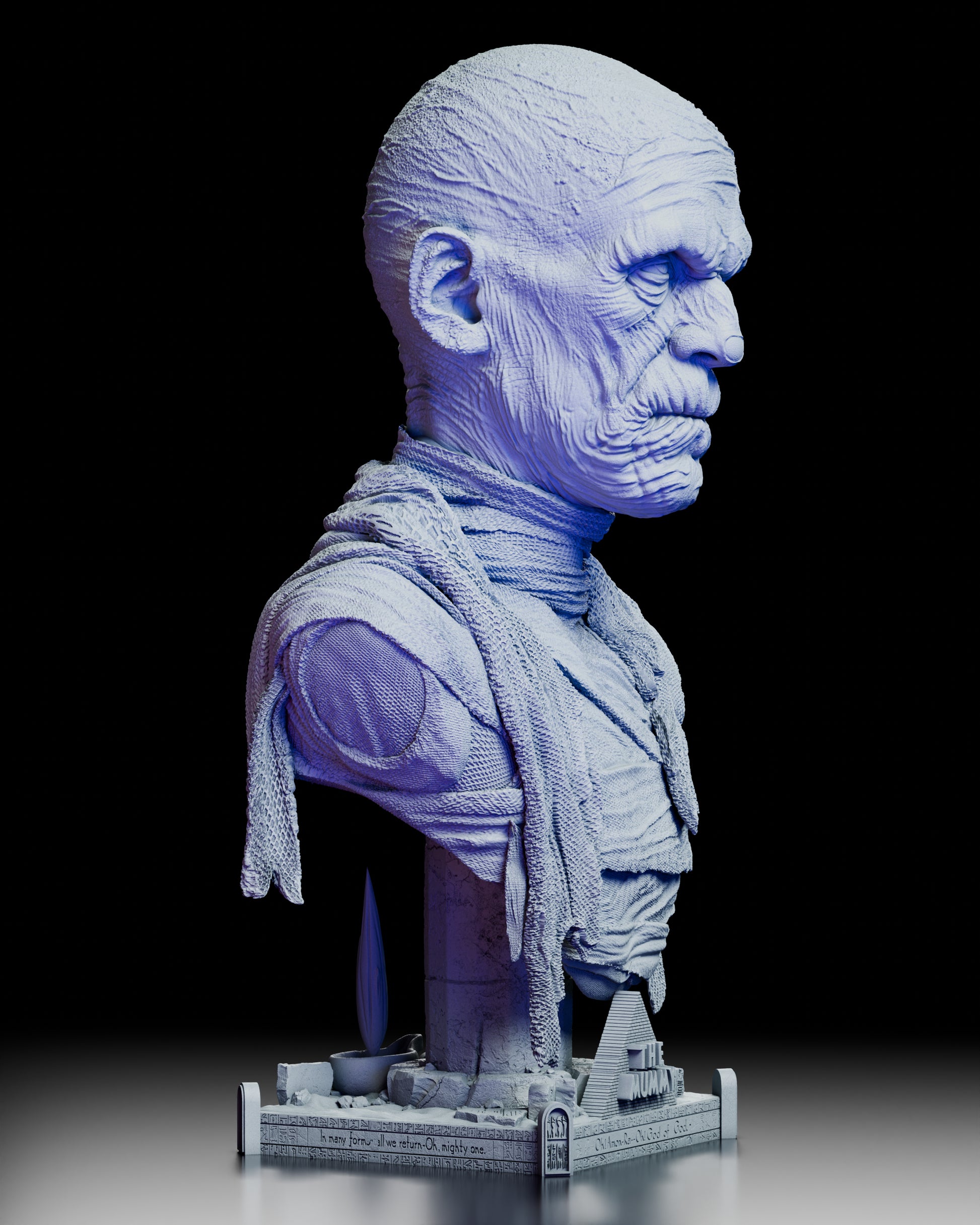 Right side profile of The Mummy portrait bust highlighting Karloff’s sculpted wrinkles and layered bandages