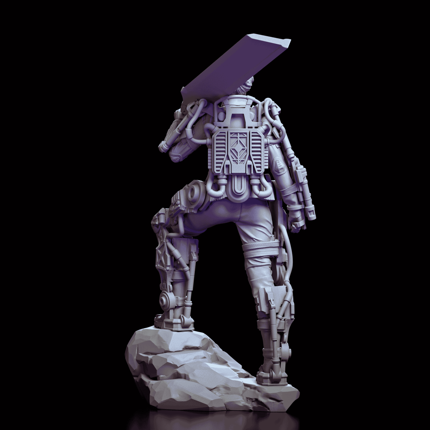 Rear view of Rita Vrataski figure in exo-suit standing on rubble with sword resting on shoulder