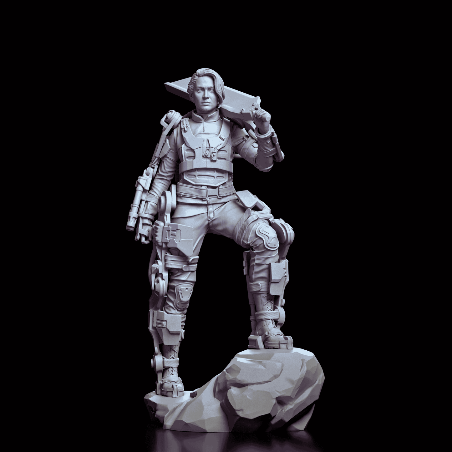 Frontal view of Rita Vrataski model kit in full armor with sword across shoulders and foot on battlefield base