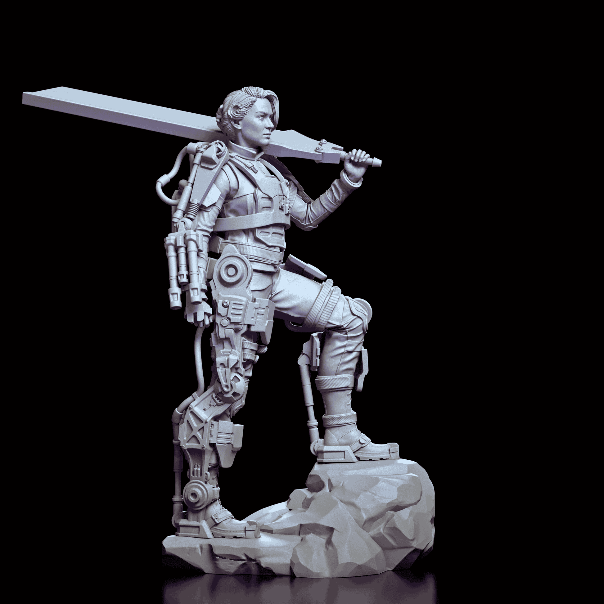 Right angled view of Rita Vrataski figurine highlighting armor textures and large sword
