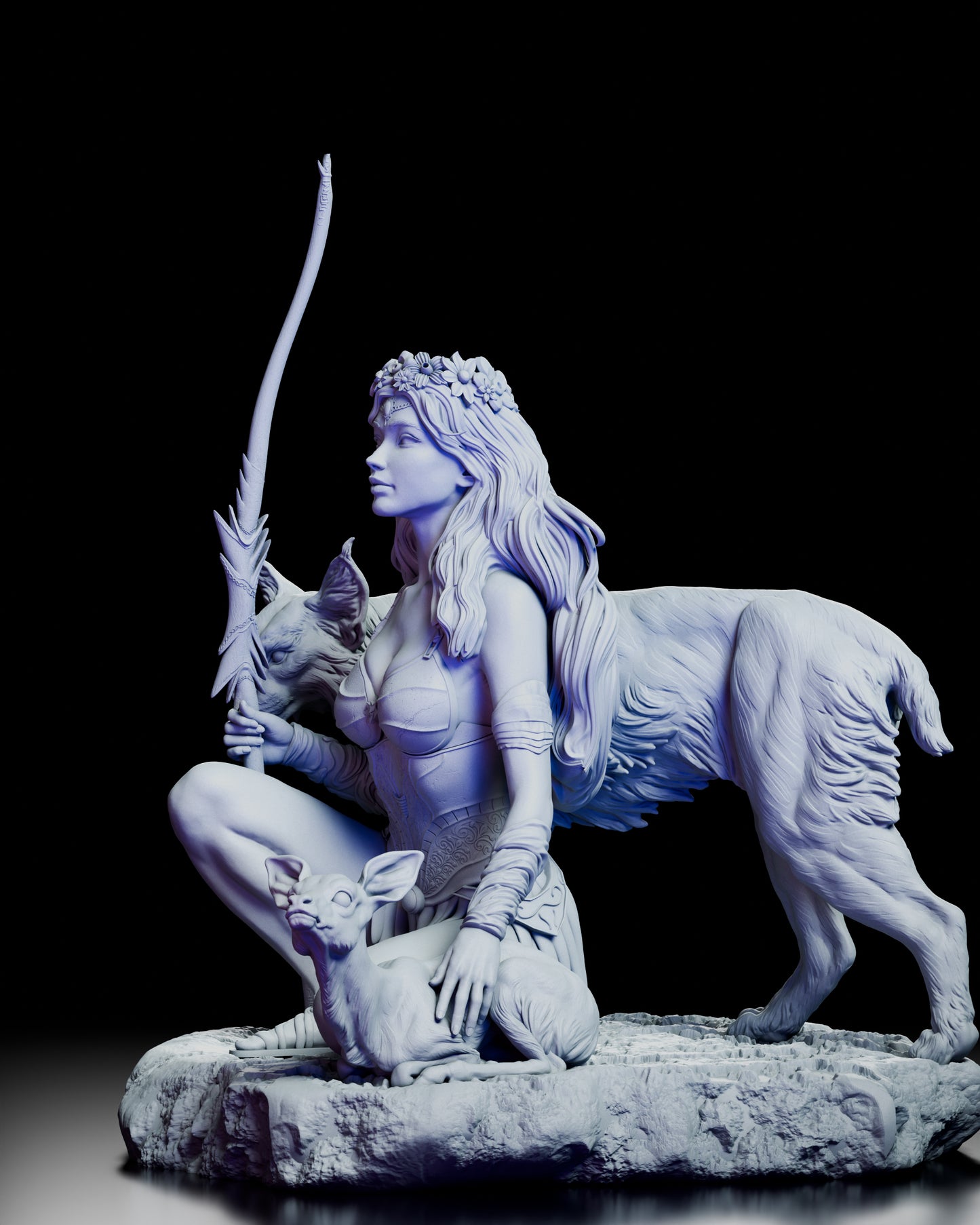 Left side view highlighting Artemis profile, detailed armor, sculpted bow, and fawn at her knee