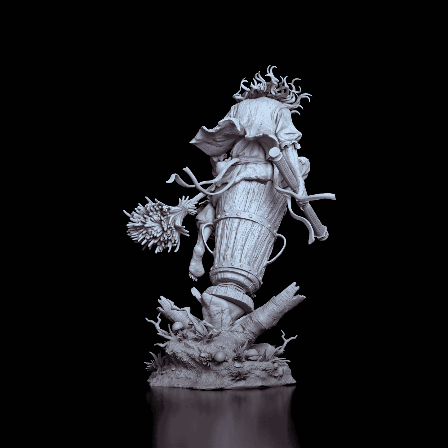 Back view of the Baba Yaga resin figure kit highlighting her flowing robes and broom in motion