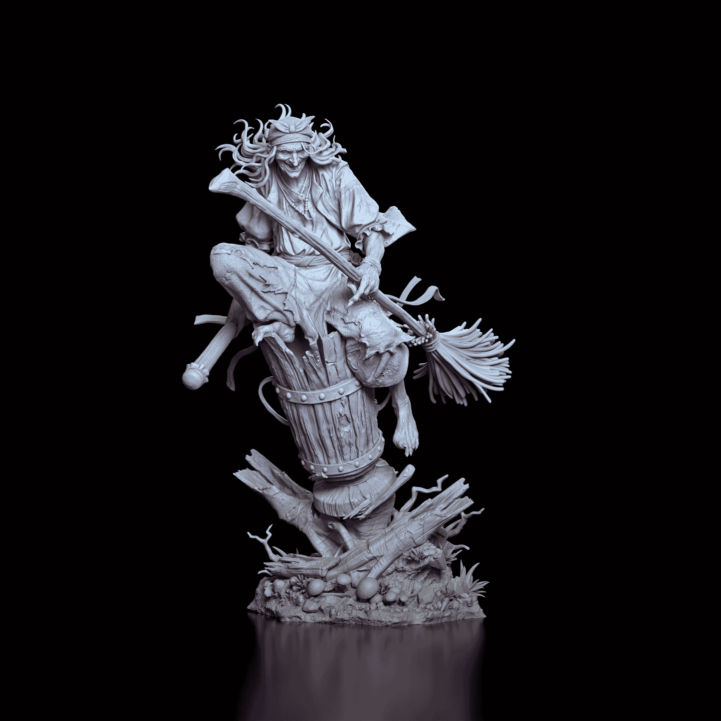Front view of the Baba Yaga figure kit showing her fierce expression and flying mortar details