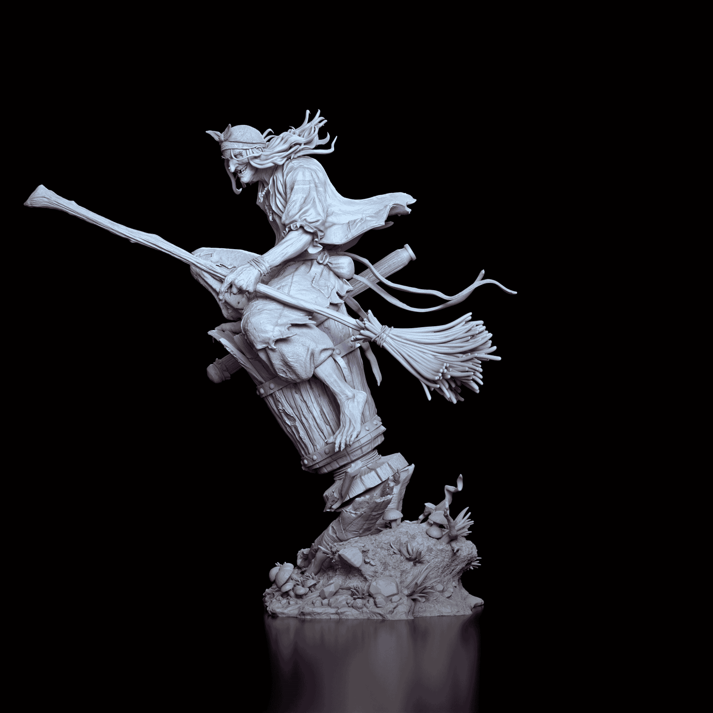 Left side angle of the Baba Yaga resin kit displaying the dynamic sculpt and broom position