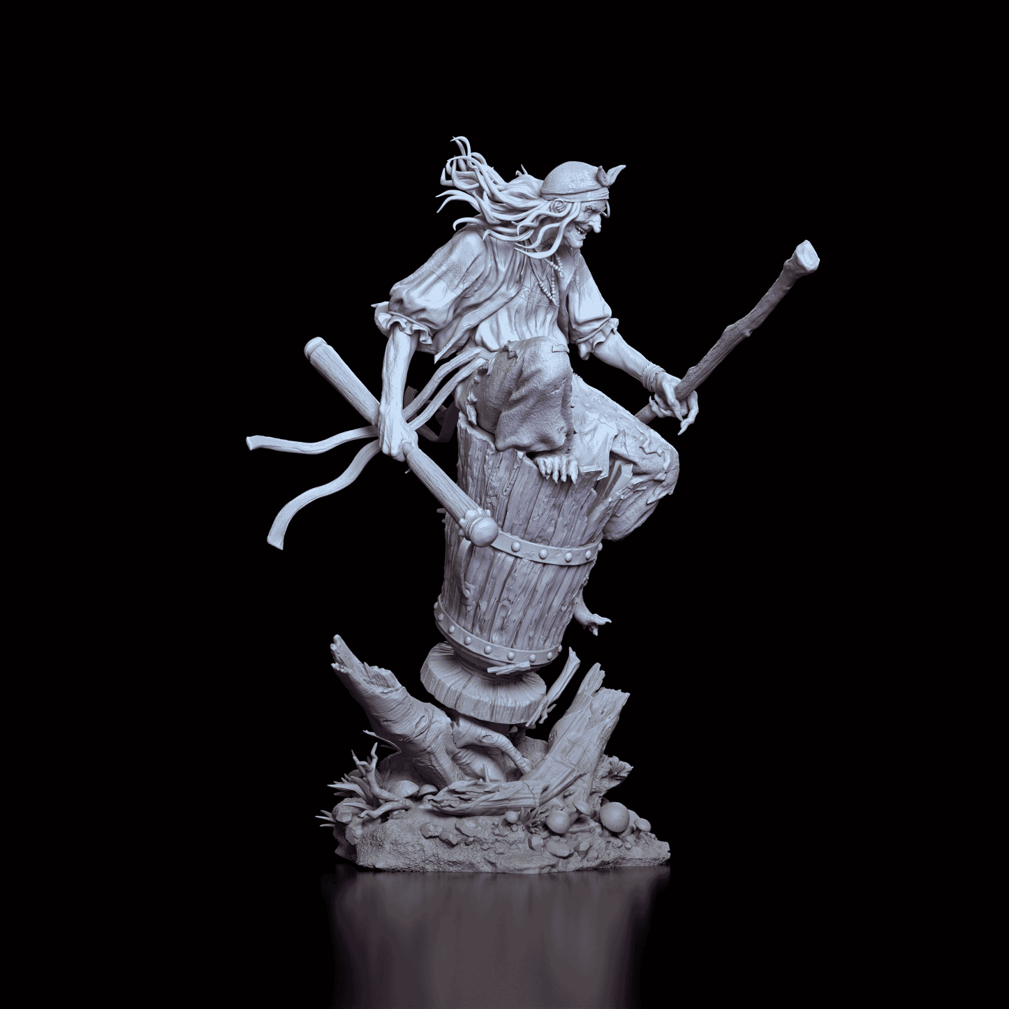 Right side angle of the Baba Yaga figure model with visible base textures and forest elements