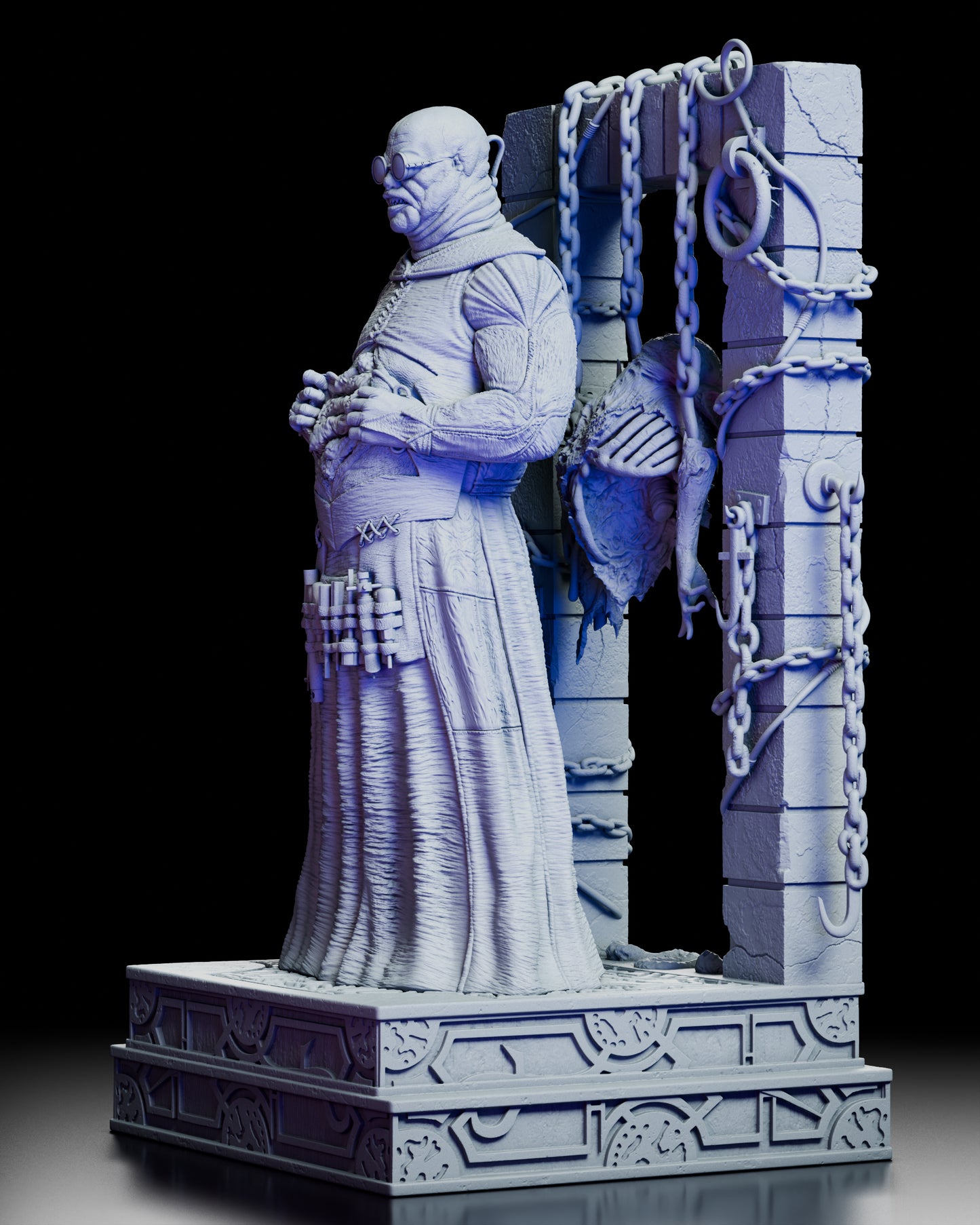 Left side view of the Butterball Cenobite figure kit displaying sculpted textures, chains, and the flayed body behind the figure.