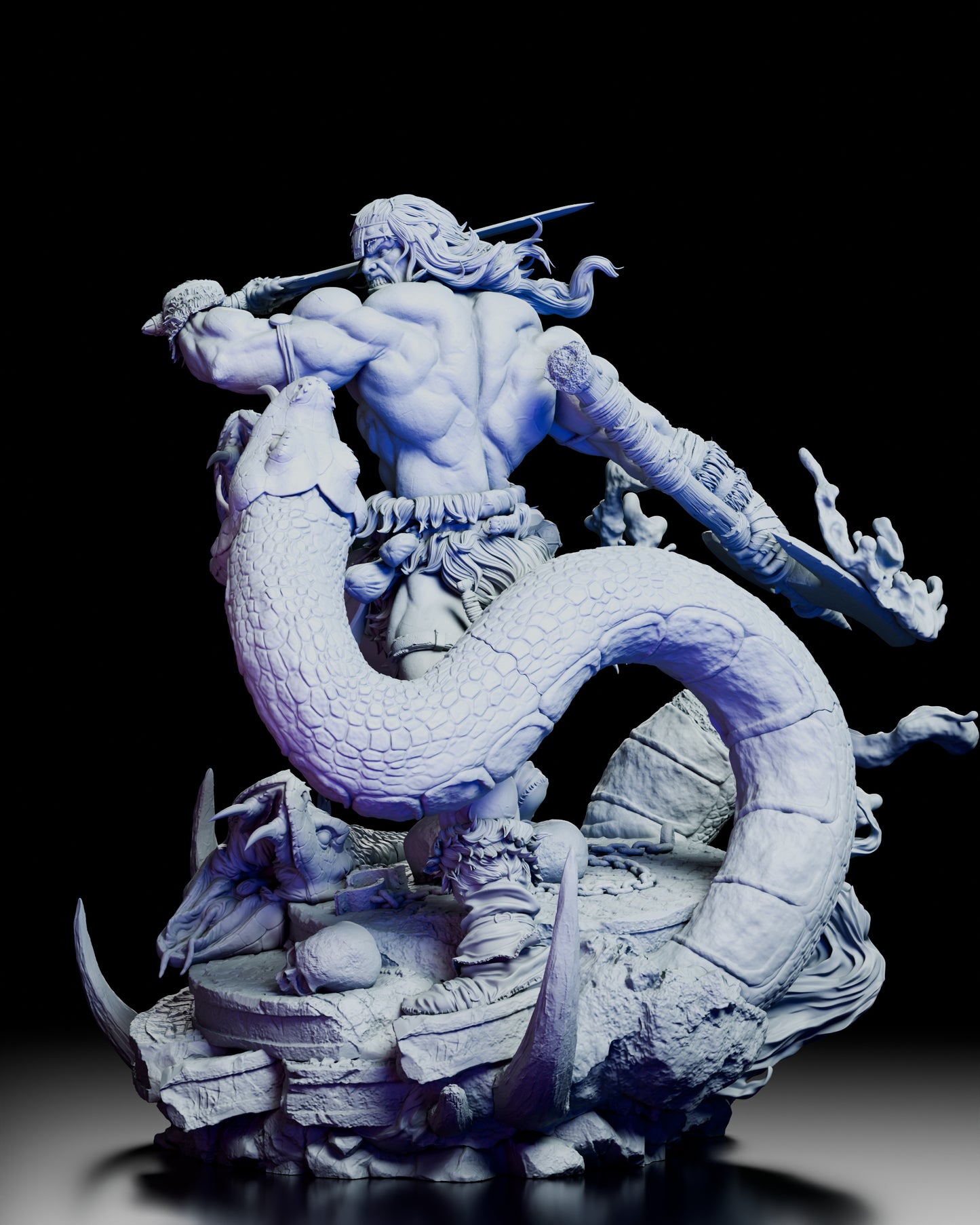 Left side view of Conan the Barbarian battling giant serpents with detailed fur garments and sword drawn