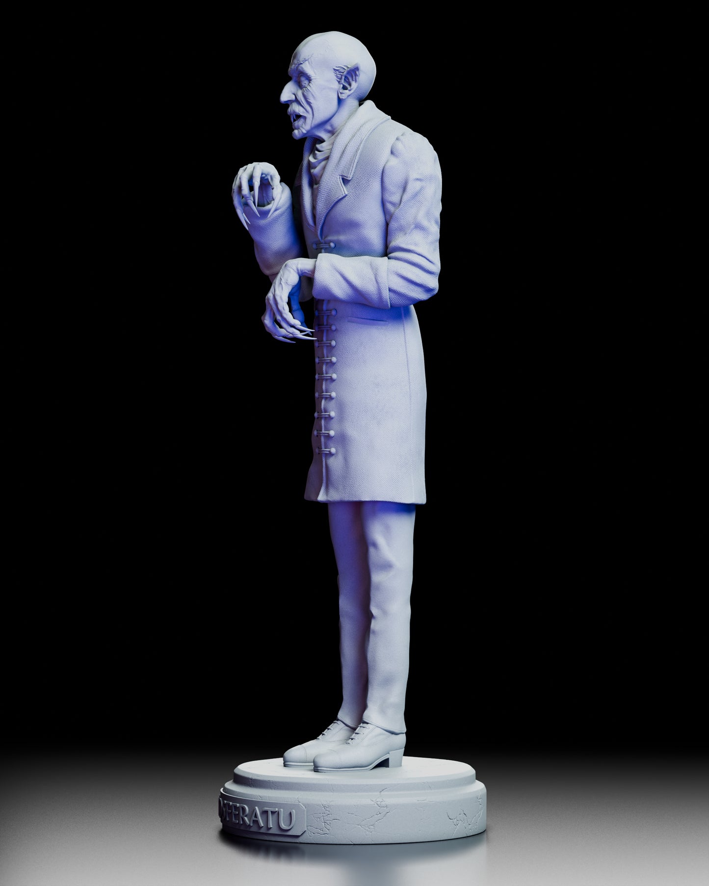 Left side view of Nosferatu showing sharp profile, hunched shoulders, and sculpted coat folds