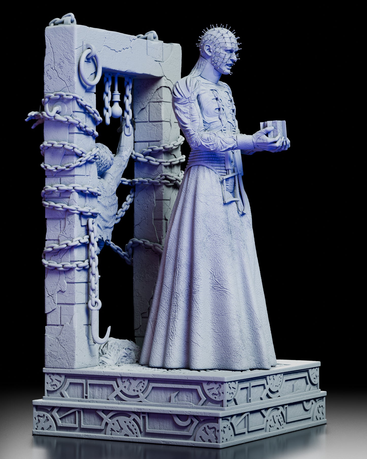 Right side view of The Hell Priest figure kit highlighting the sculpted pins, leather detailing, hooks, chains, and the tortured figure on the frame.