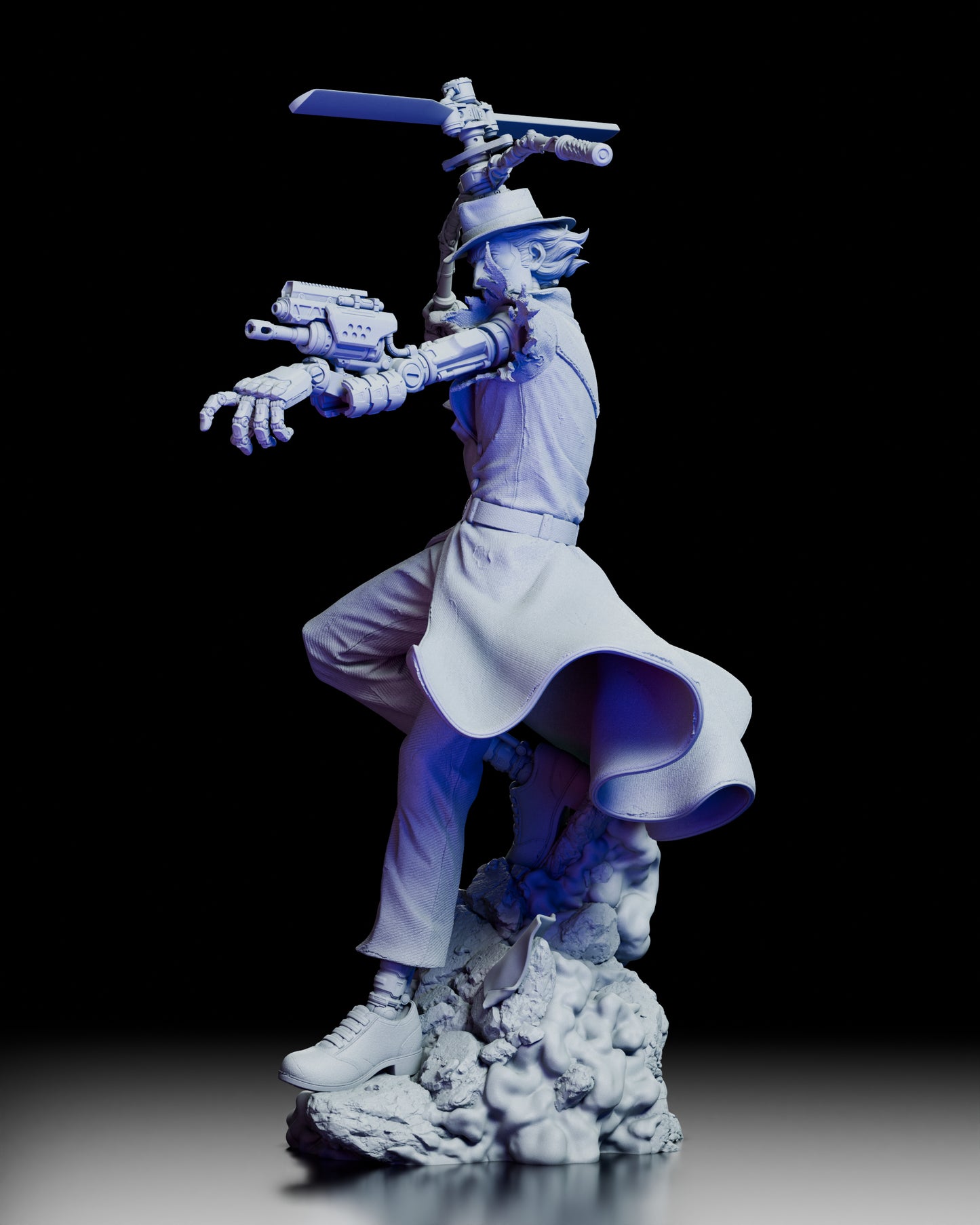 Left side profile of the Inspector Gadget figure kit highlighting mechanical arm details and flowing trench coat motion.