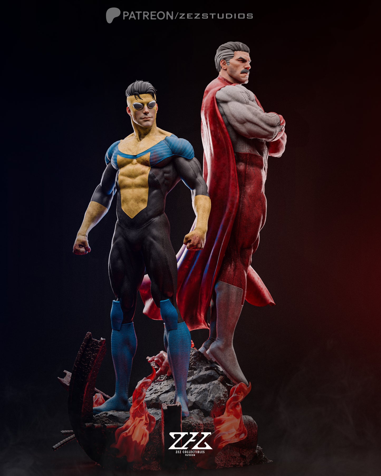 Angled view highlighting the intricate details of Invincible and Omni-Man figurines