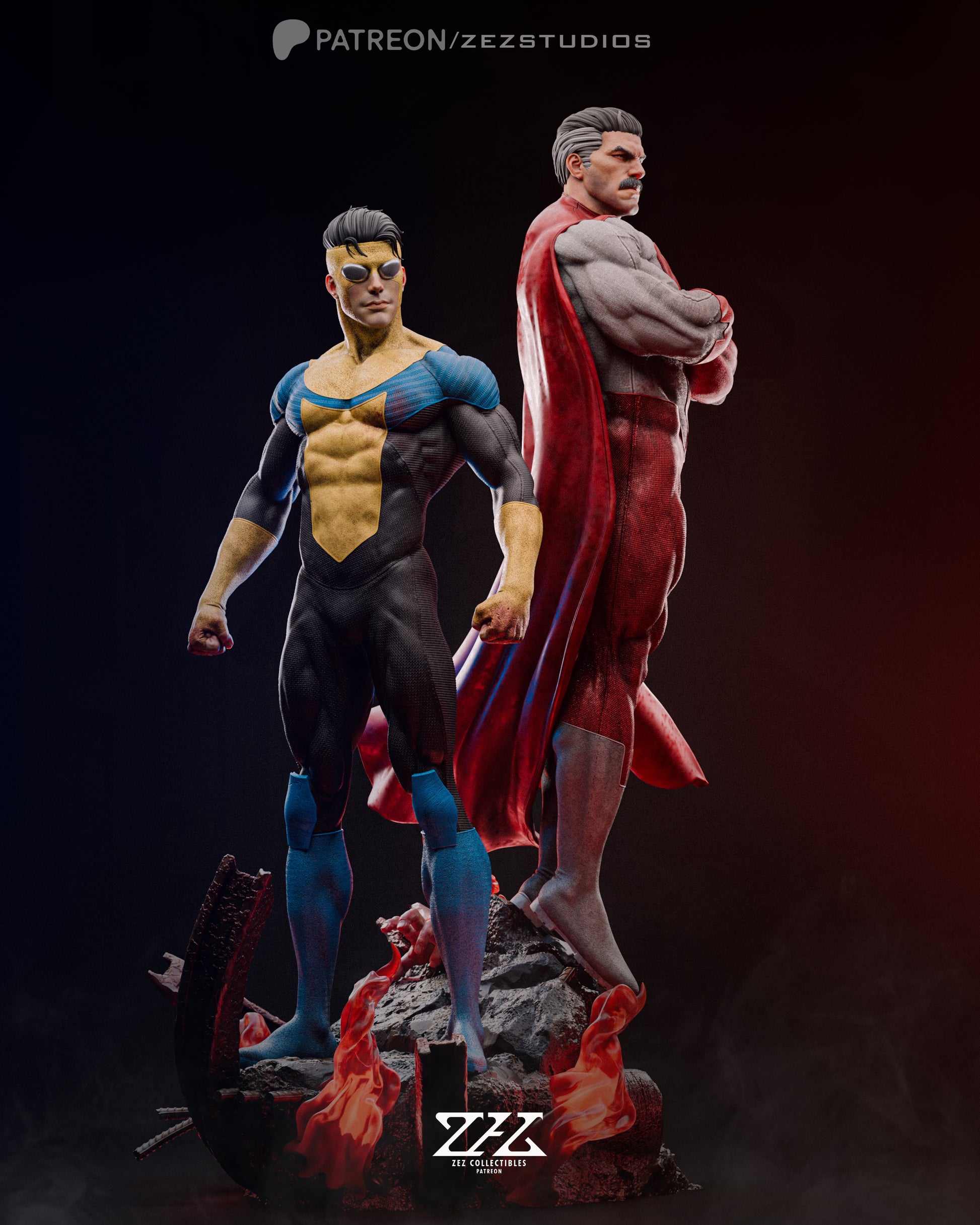Angled view highlighting the intricate details of Invincible and Omni-Man figurines