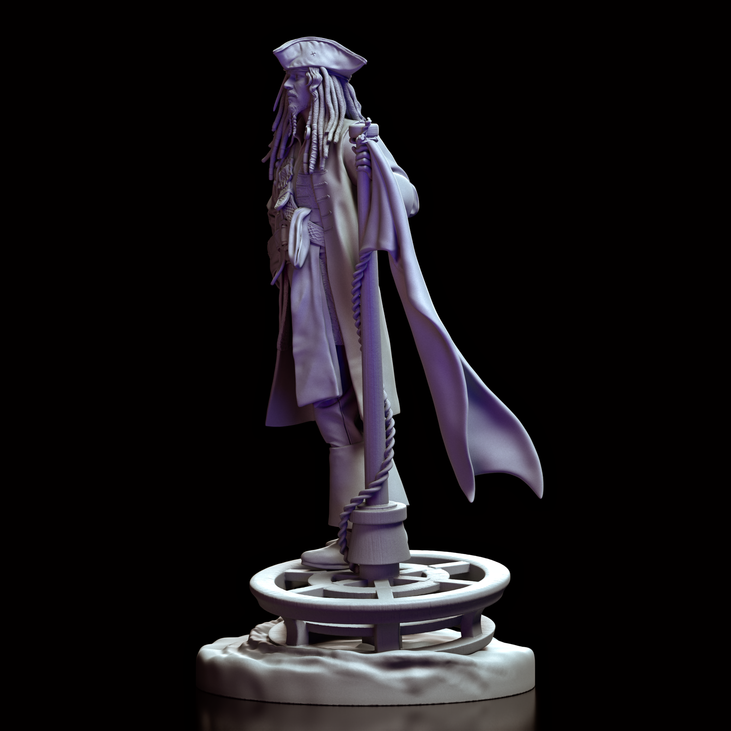 Left side view of the Captain Jack Sparrow 1:10 scale figure model kit showcasing his stance and flowing coat.