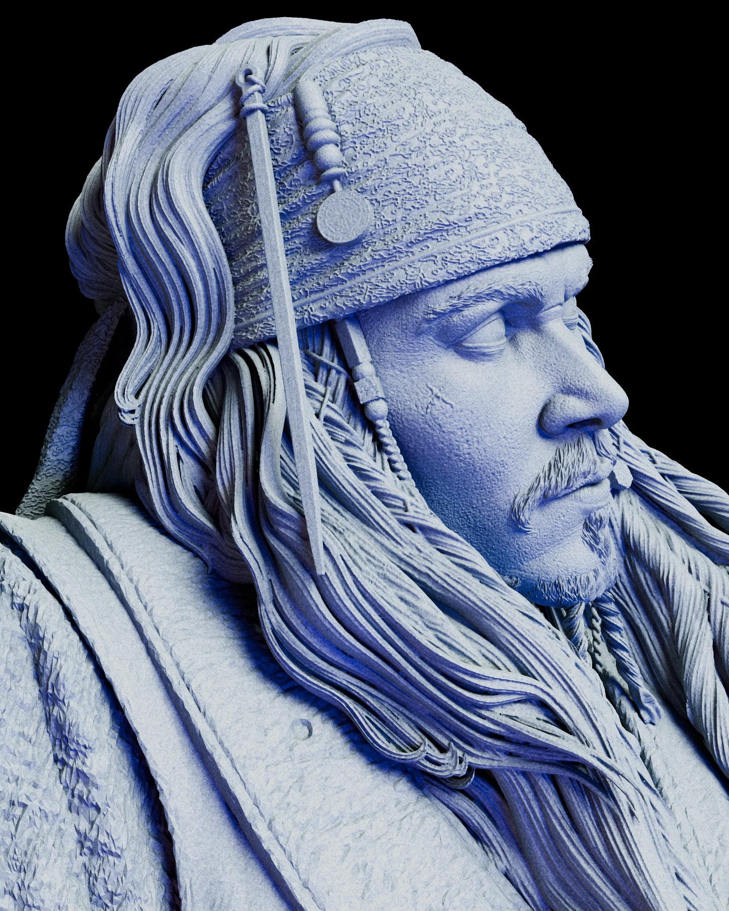 Close-up view of the Jack Sparrow figure showing intricate facial features, hair strands, and textured headband sculpted in high detail