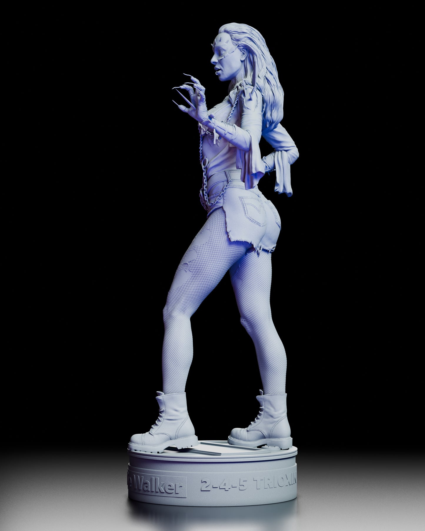 Left side view of the Julie Walker maquette highlighting her clawed hand, textured shorts, and detailed leg sculpt.