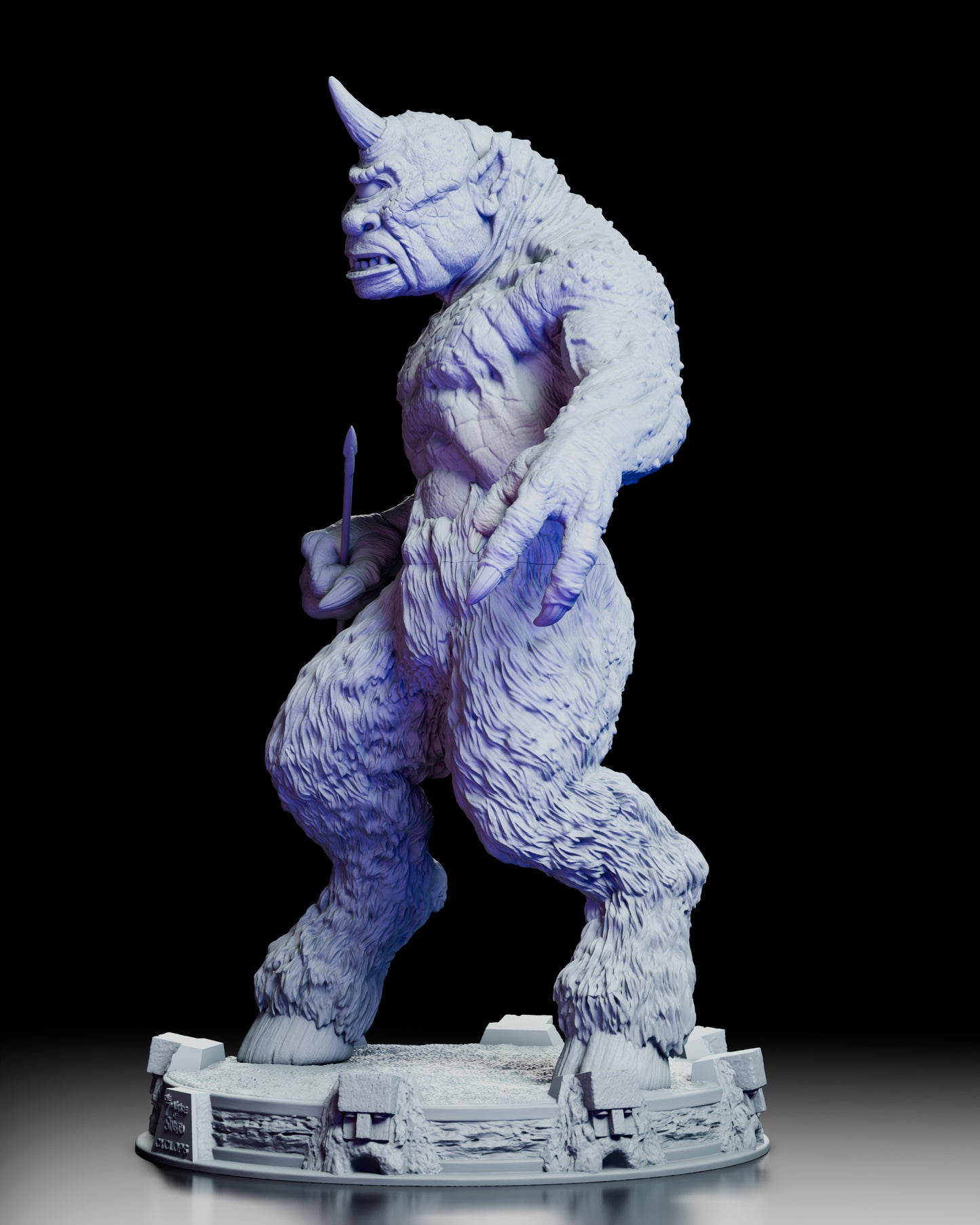 Front view of The Cyclops maquette from The 7th Voyage of Sinbad featuring snarling expression, single horn, scaled torso, and weapon held in hand atop scenic base