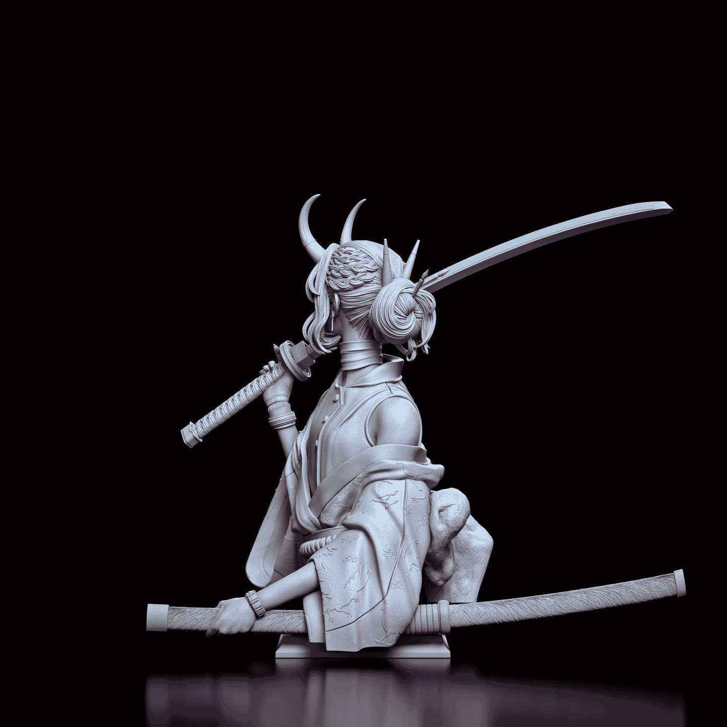 Back view of the Oni Demon Girl Bust showing the detailed kimono fabric folds and multiple sheathed katana swords.