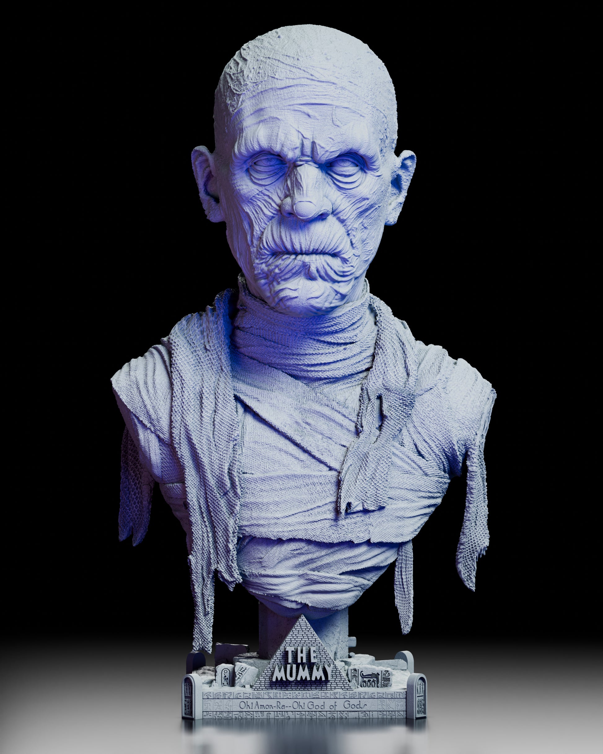 360-degree turntable view of The Mummy portrait bust, showcasing Boris Karloff’s detailed sculpt, bandaged textures, and hieroglyphic display base from all angles