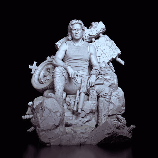 360-degree turntable view of the Snake Plissken resin model kit showcasing full sculpt details, cinematic pose, and textured urban base