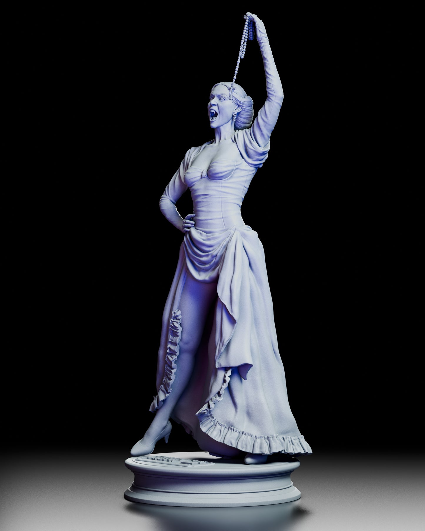 Left side view of the Regine Fright Night 2 maquette showing the expressive facial sculpt, arched posture, and textured dress folds.
