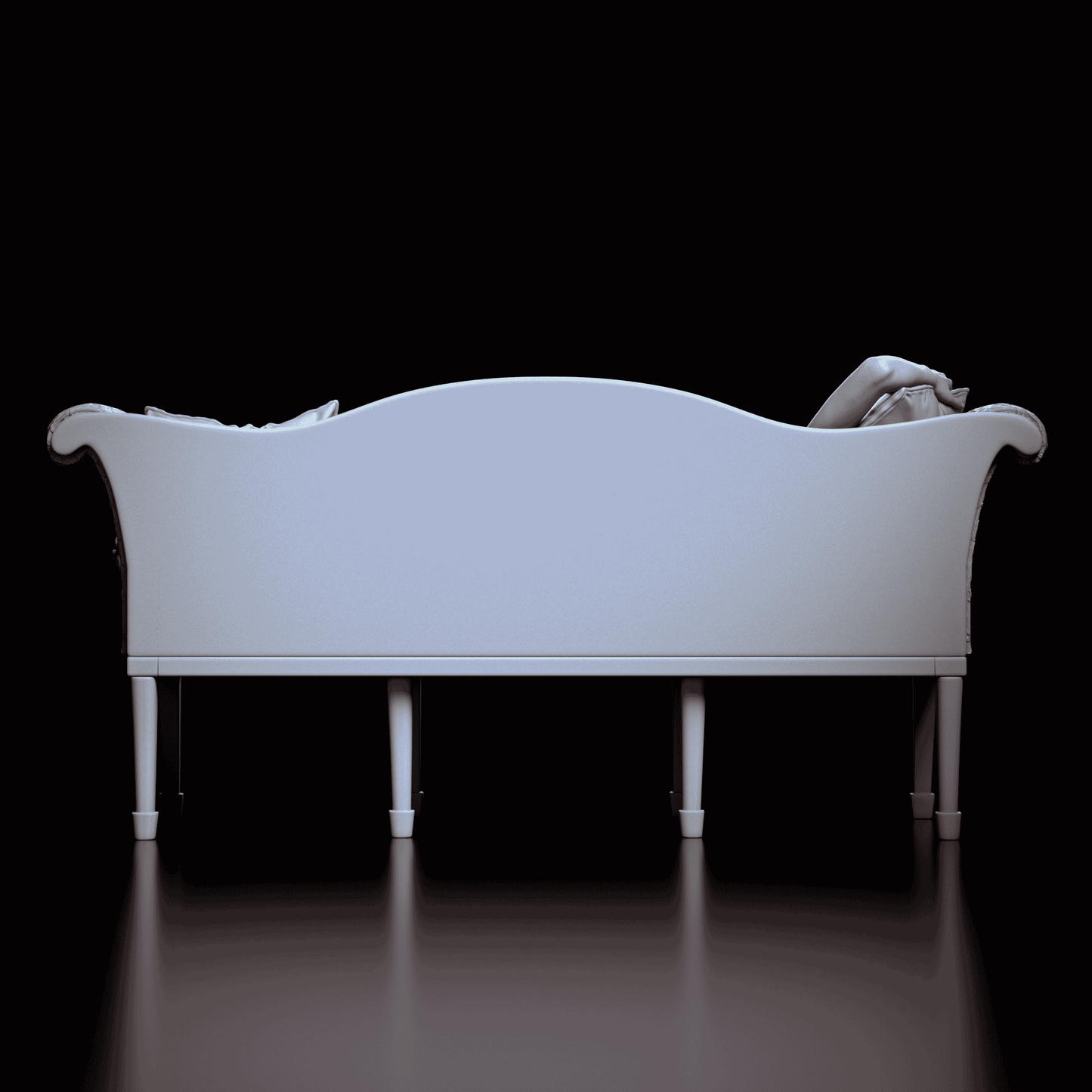 Back view of Rose figure model kit, featuring the detailed patterns and luxurious textures of the chaise lounge.