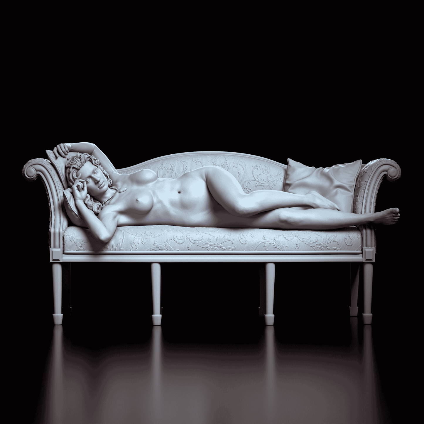 Front view of Rose figure model kit, lying gracefully on a detailed chaise lounge, inspired by Titanic’s French girls scene.