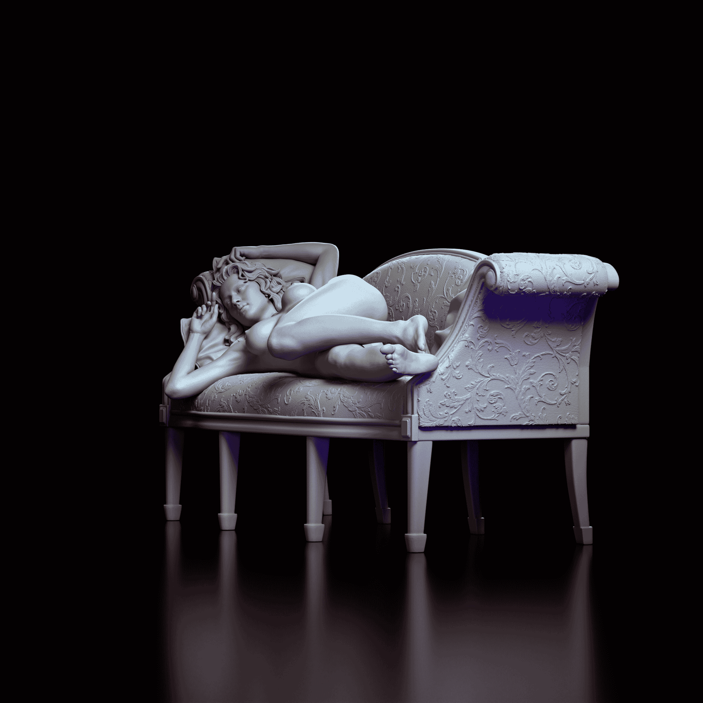 Left side view of Rose figure model kit, showcasing her relaxed pose and the intricate details of the ornate chaise lounge.