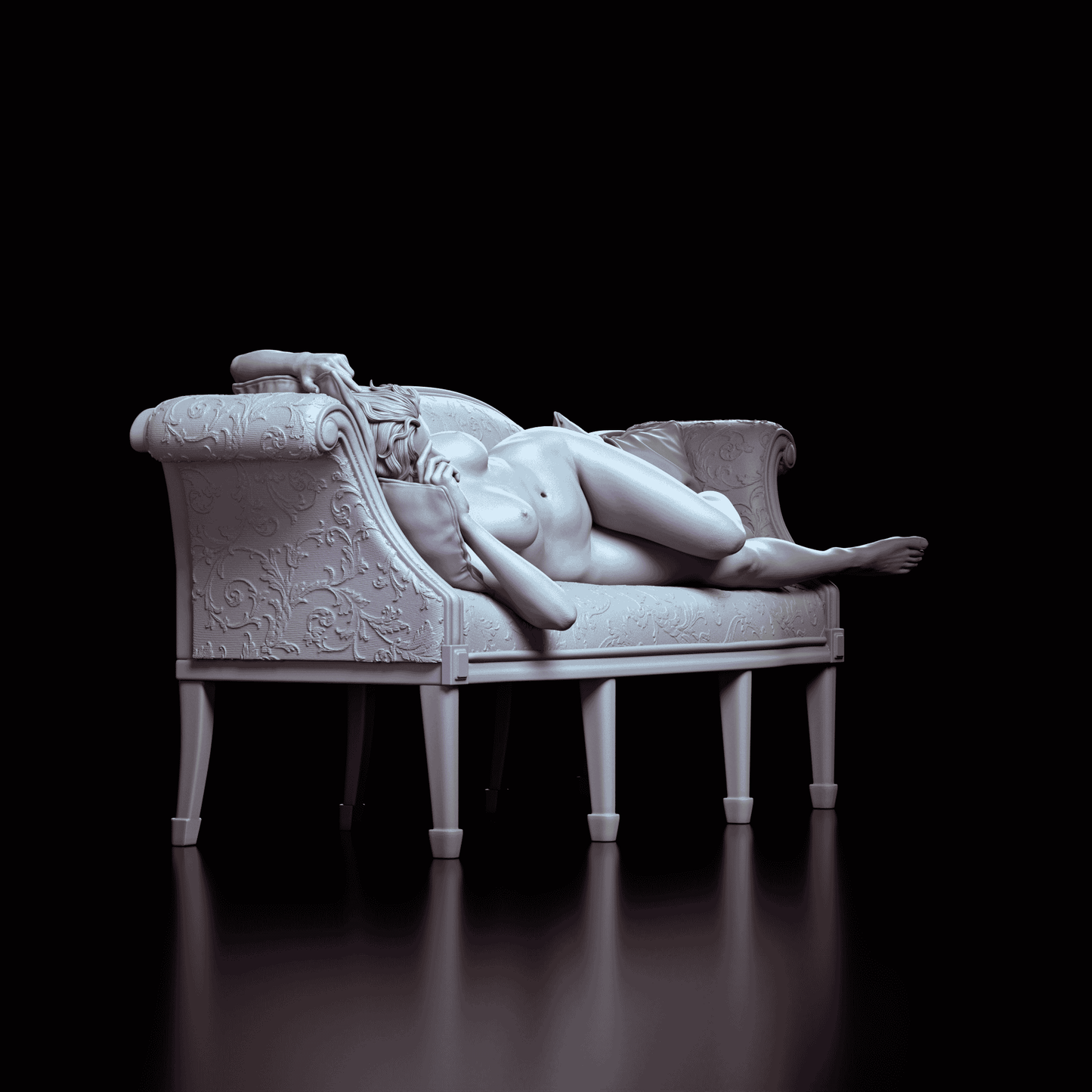 Left side view of Rose figure model kit, showcasing her relaxed pose and the intricate details of the ornate chaise lounge.